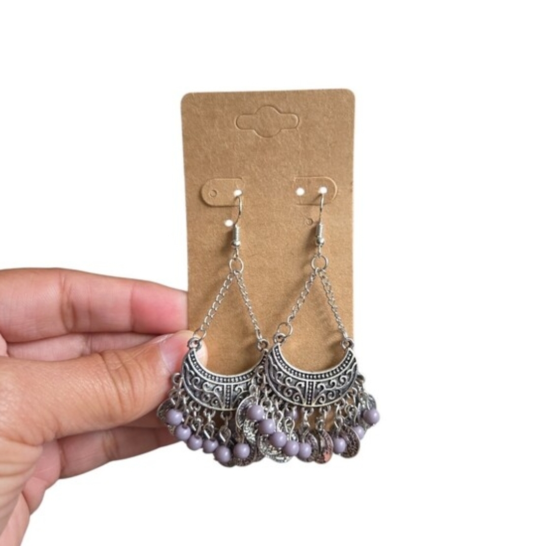 Silver-Tone Purple Gray Bead Dangle Earrings 3"