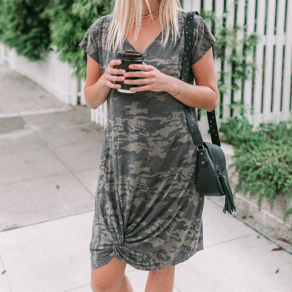 V- Neck Camo Twist Front Dress