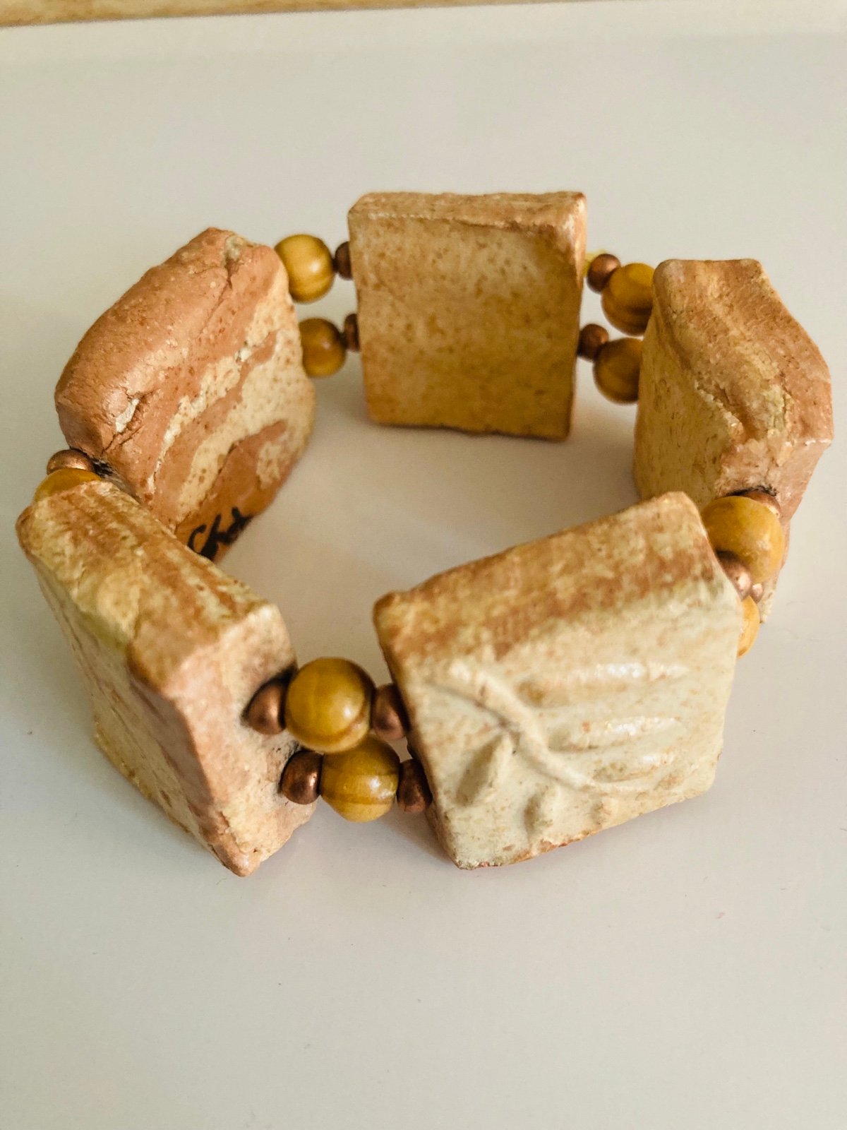 Artisan made Clay Fern Leaf Imprint Stretch Bracelet