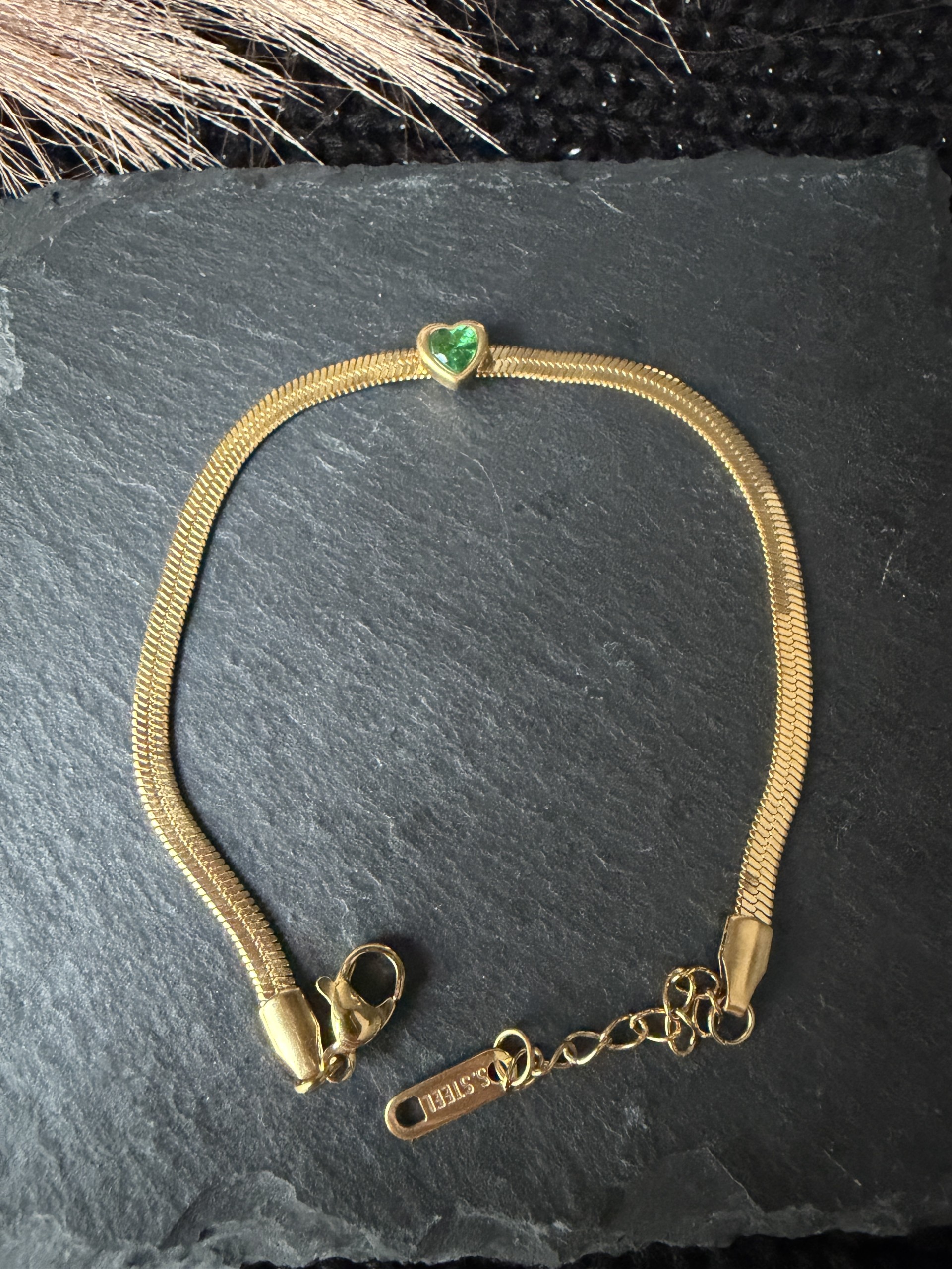 18K Gold Plated 304 Stainless Steel Green Rhinestone Heart Snake Chain Bracelet