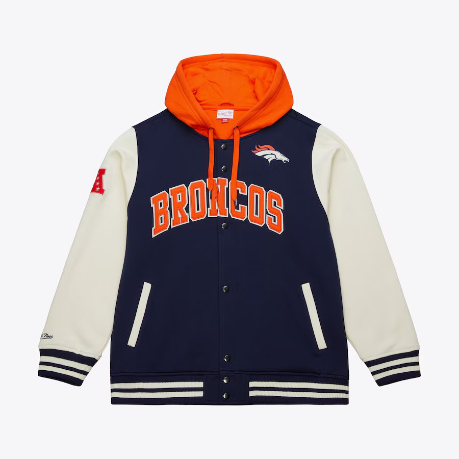 Denver Broncos Courtside Button Down Mitchell and Ness Hooded Fleece Jacket