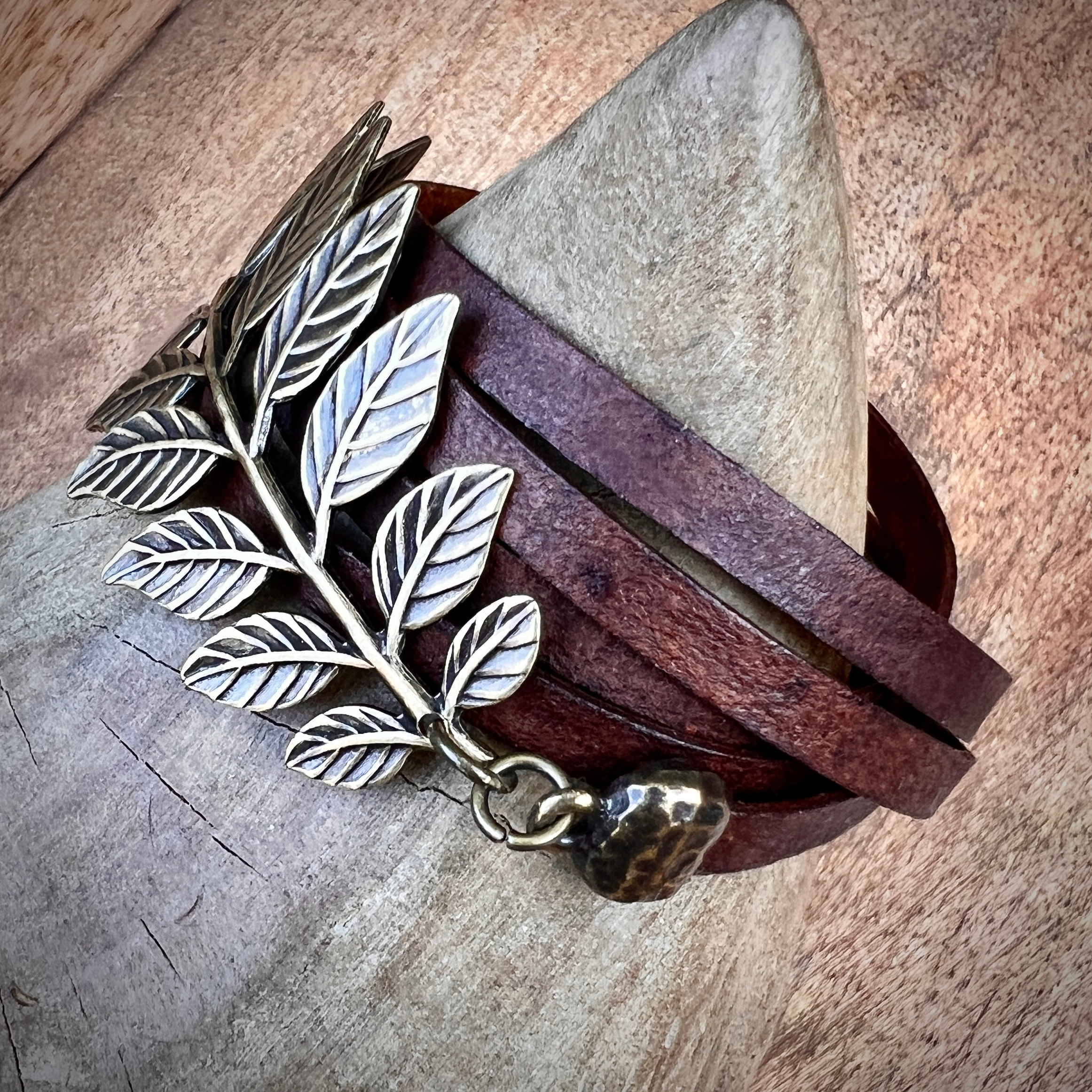Brass Oxide-Leaf Cuff & Double Layer Leather Bracelet with TierraCast Hammered Brass Oxide Toggle Clasp.