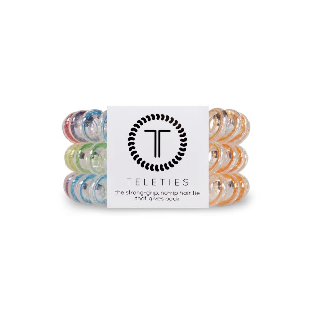 Teleties - Large Spiral Hair Coils - Rainbow Collection - Ponytail Holder Hair Ties for Women - Phone Cord Hair Ties - Strong Grip, No Rip, Water Resistant, No Crease - 3 Pack