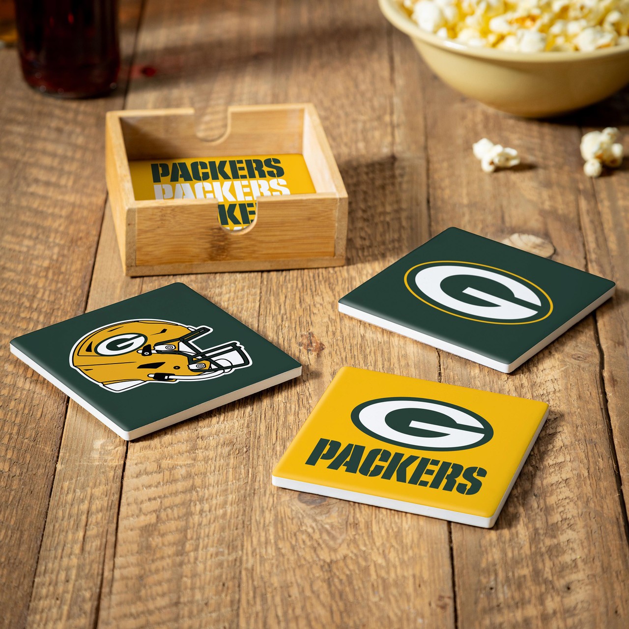 Green Bay Packers 4 Piece Coaster Set with Wood Caddy