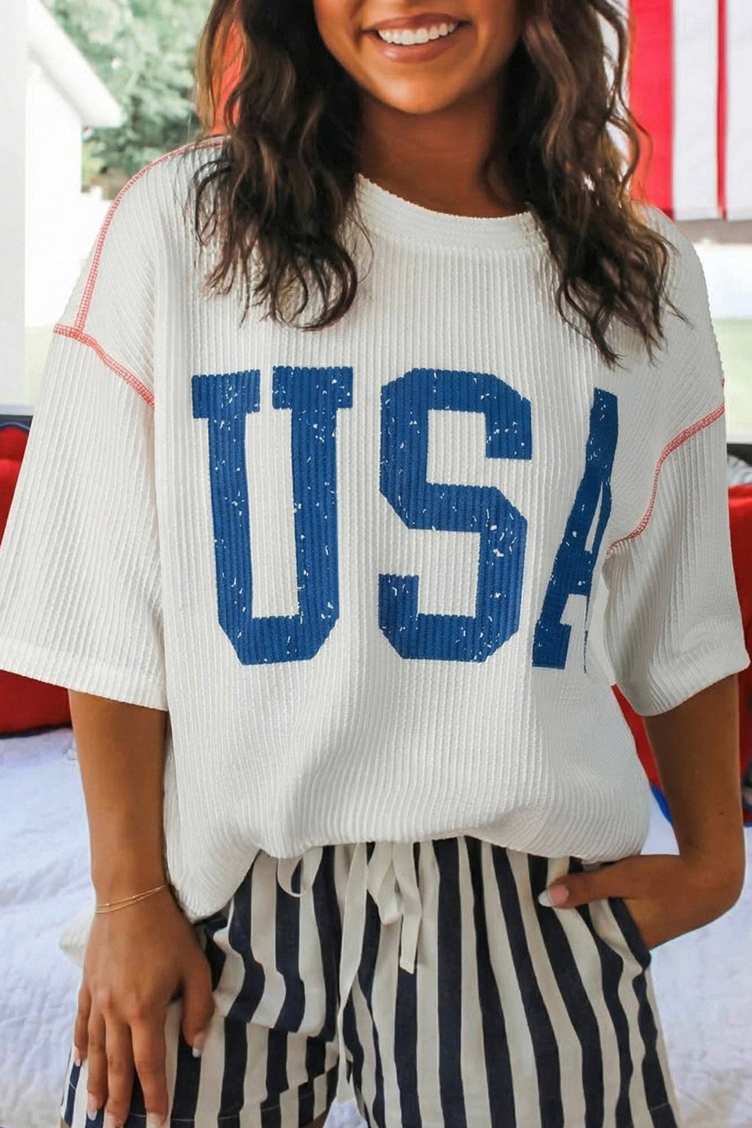 USA Ribbed Graphic Tee Loose Fit Flag Day July 4th — Bama Tan boutique, Tuscaloosa AL