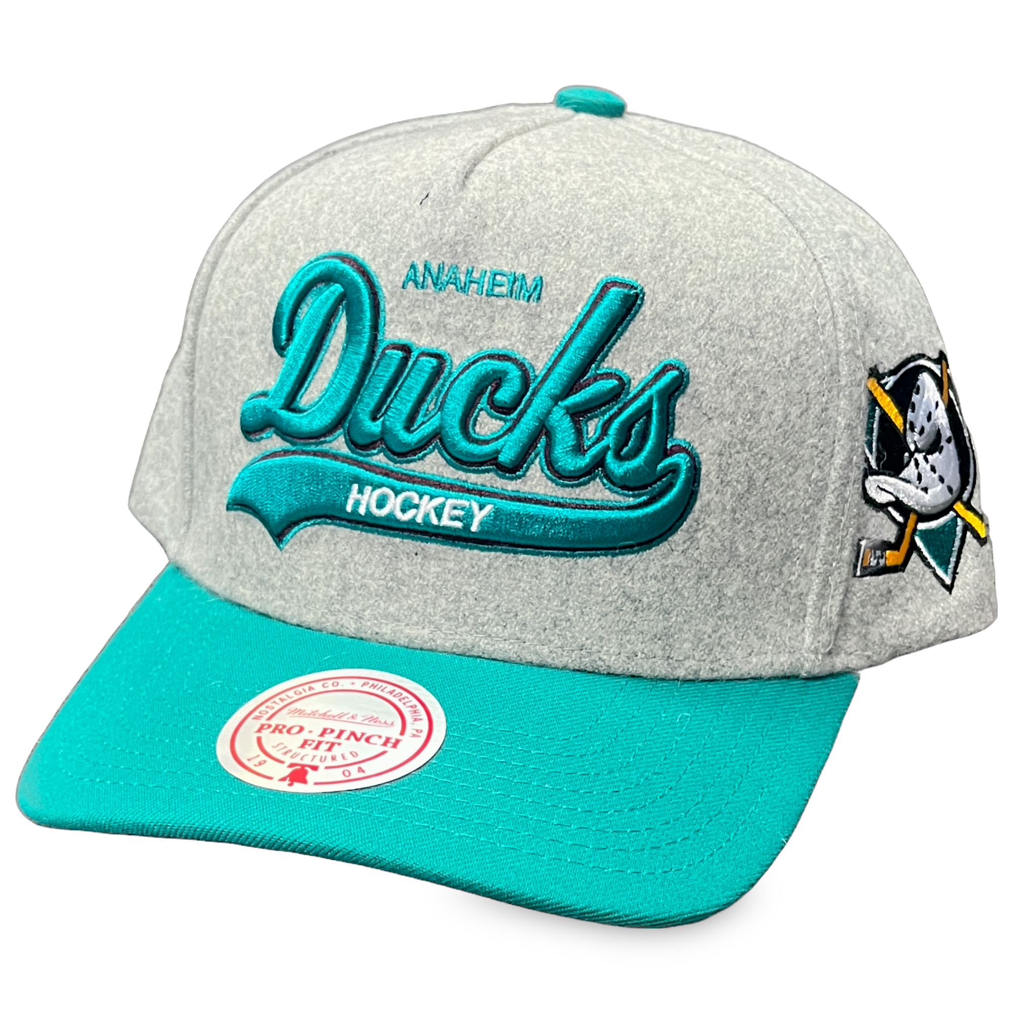 Anaheim Ducks Grey/Teal Tailsweep Mitchell and Ness Pro Crown Snapback Hat
