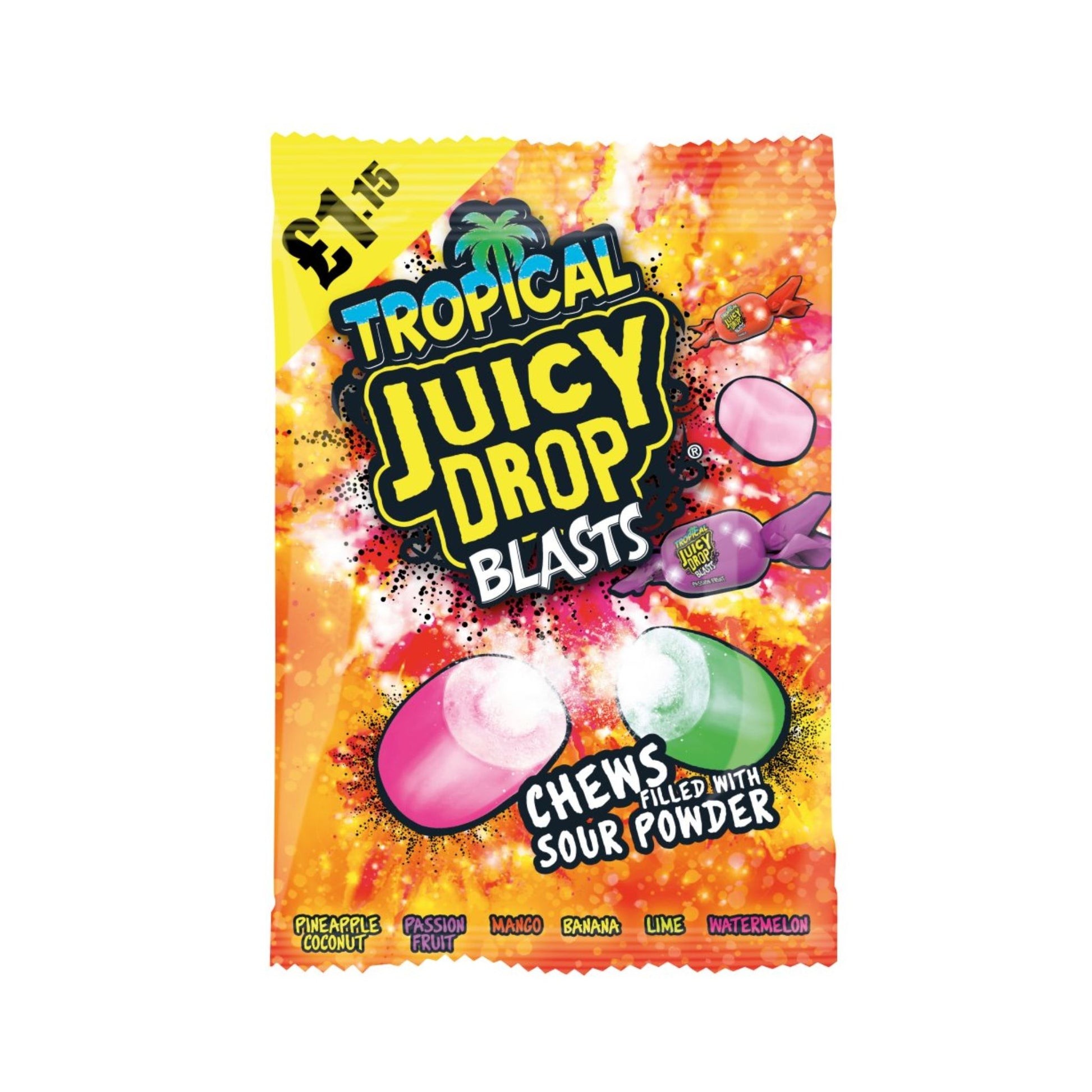 Bazooka UK Juicy Drop Blasts Tropical Sour Powder Chews 120g 12ct