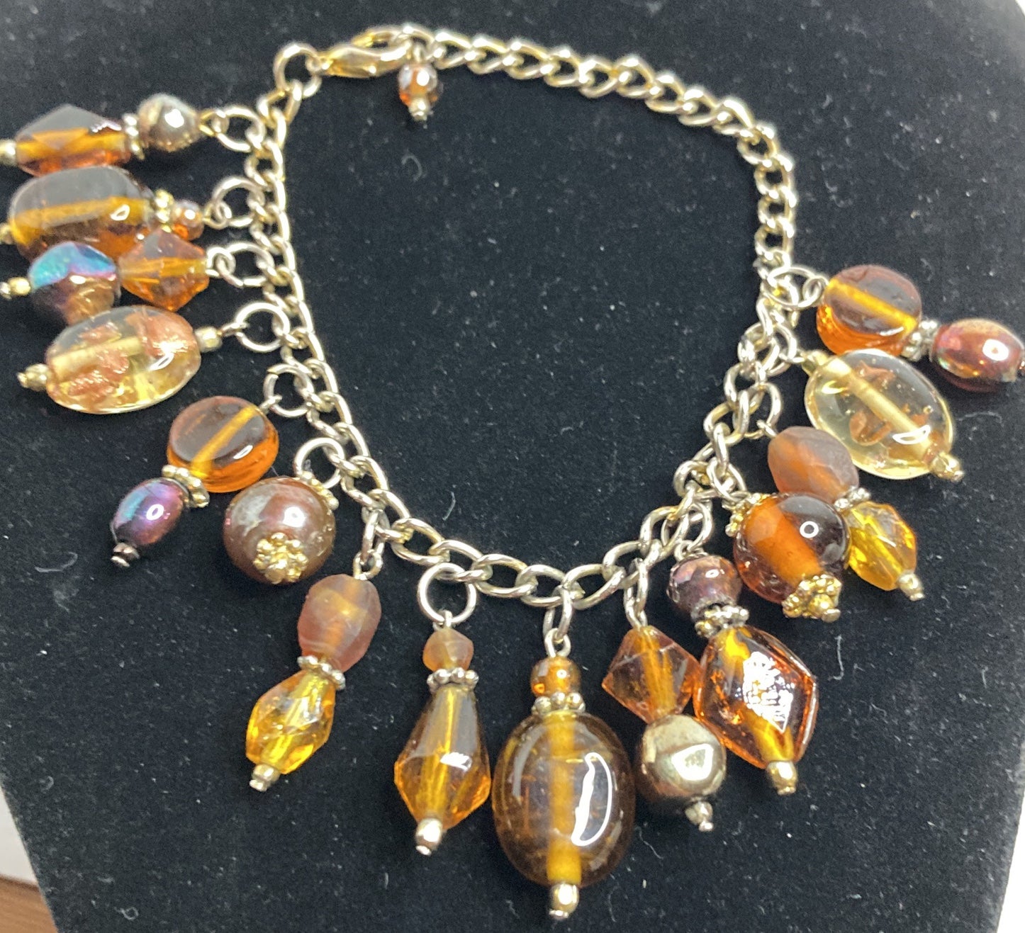 Vintage Amber Brown Handmade Glass Charm Fall Colors Bracelet
