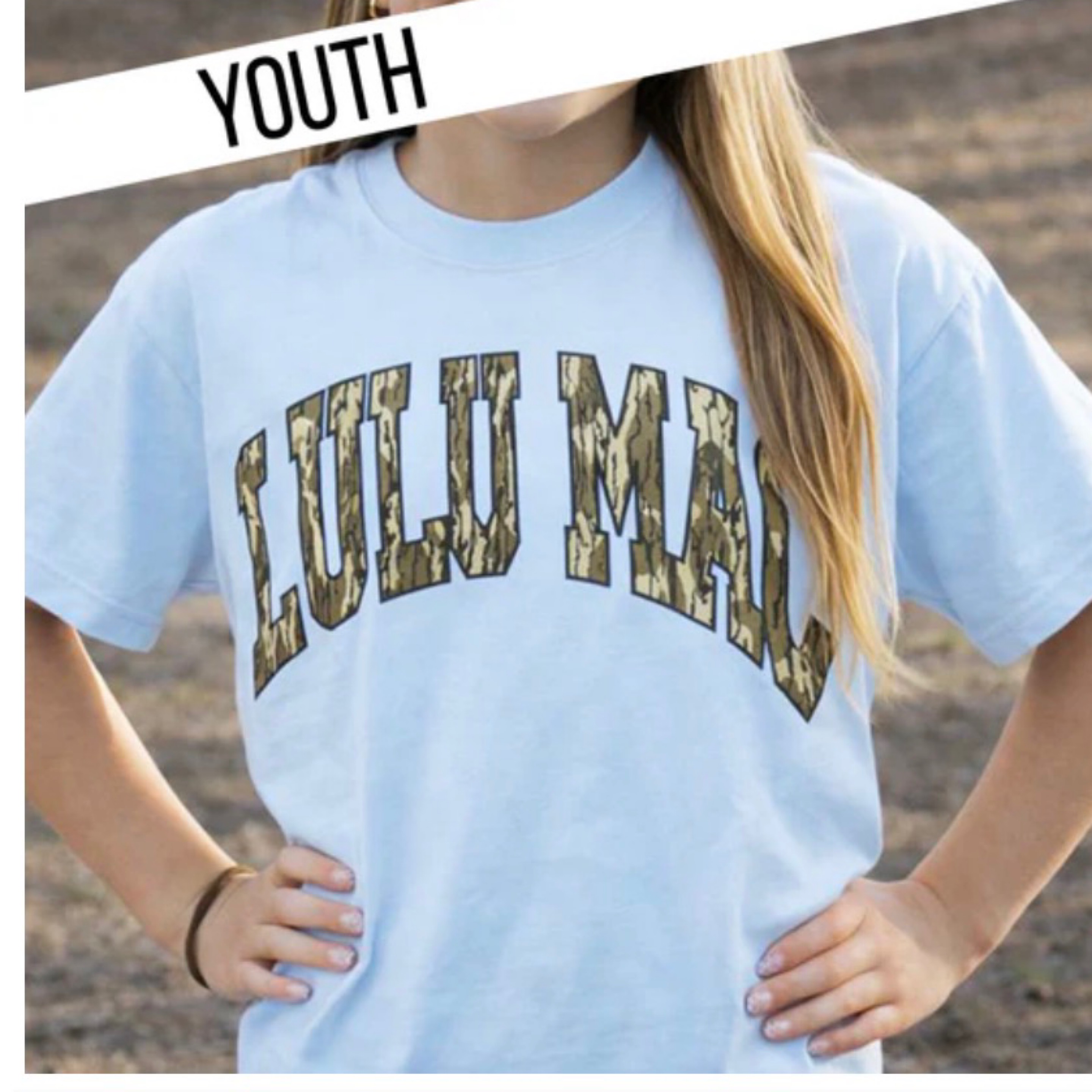 LuLuMac kids camo T-shirt light blue — Bama Tan boutique, Tuscaloosa AL