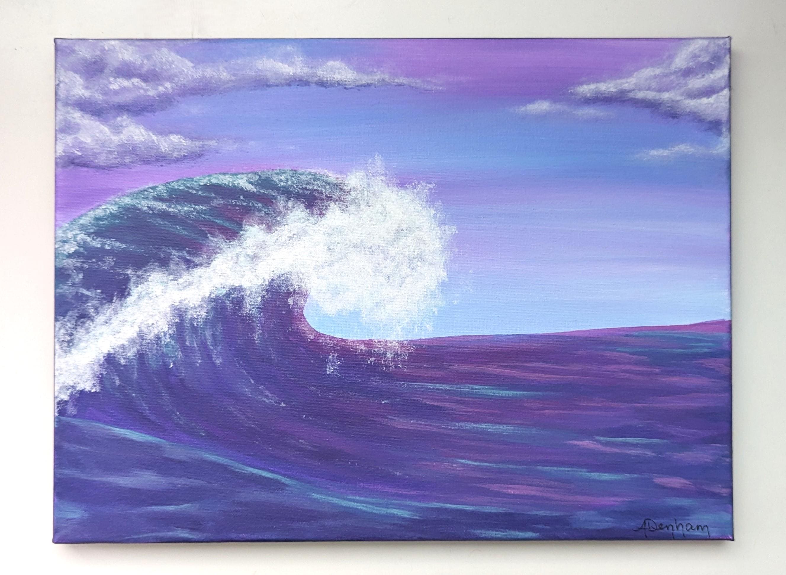 Mystical Night Acrylic Painting: Purple Wave Ocean Art, 16x12"