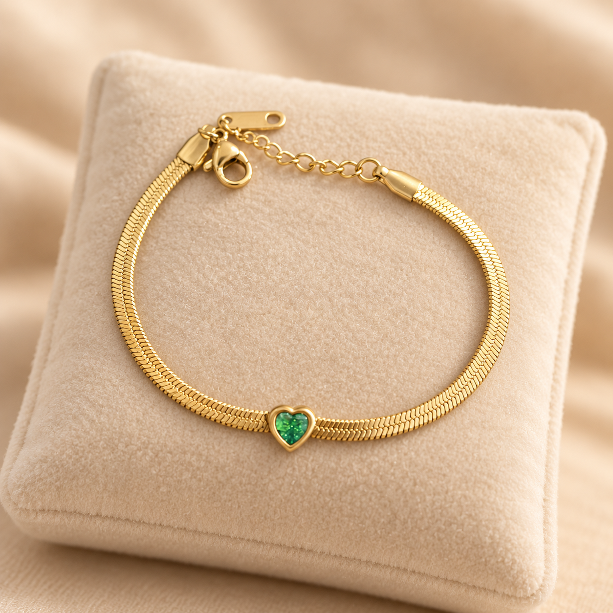 18K Gold Plated 304 Stainless Steel Green Rhinestone Heart Snake Chain Bracelet