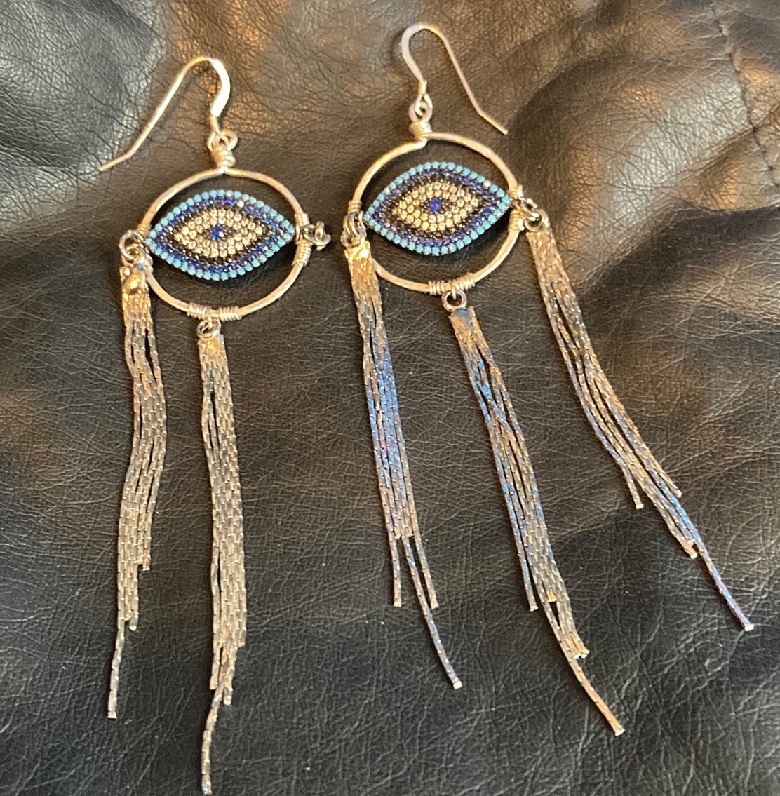 Silver Evil Eye Earrings with Dangling chains