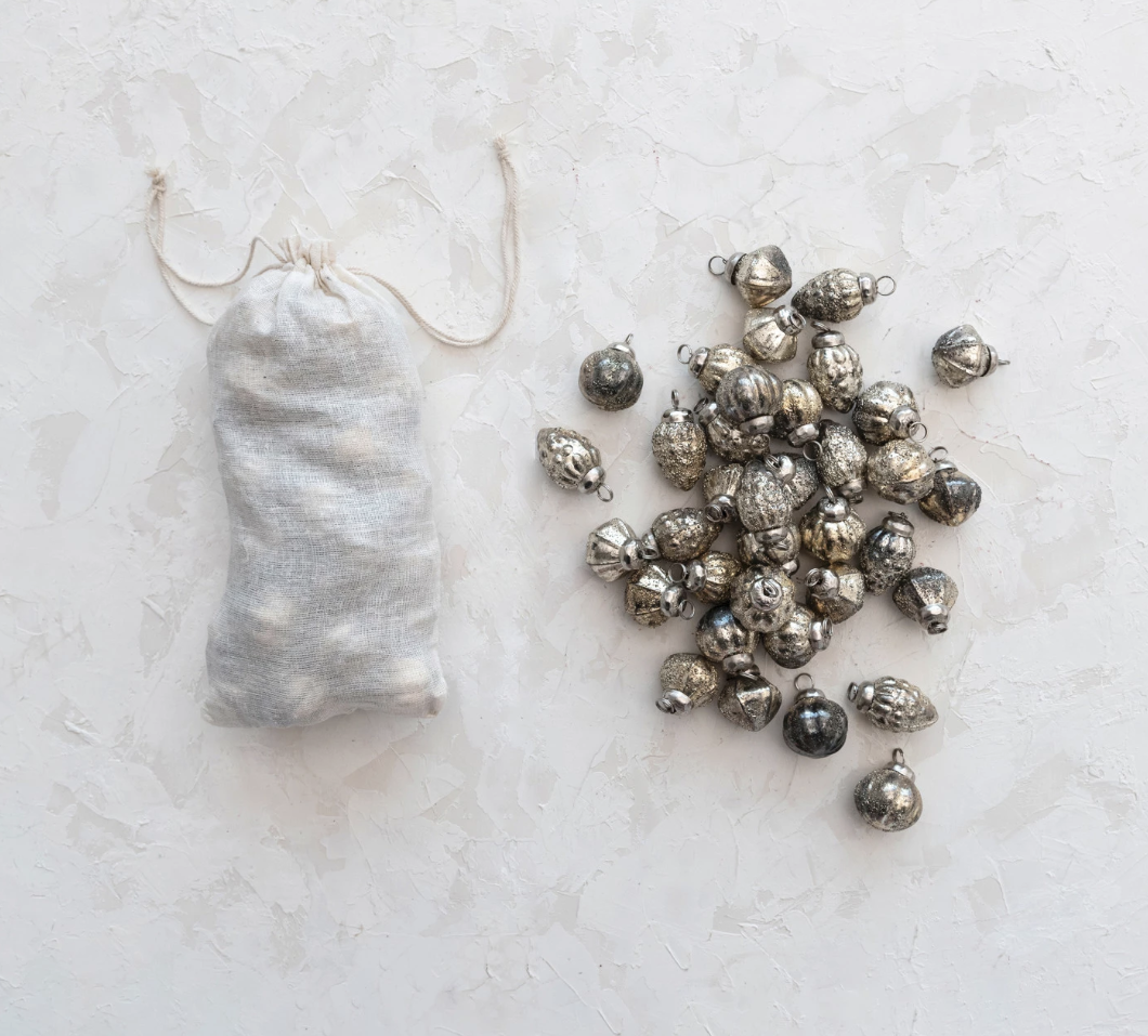 Mini Embossed Mercury Glass Ornaments in Muslin Bag
