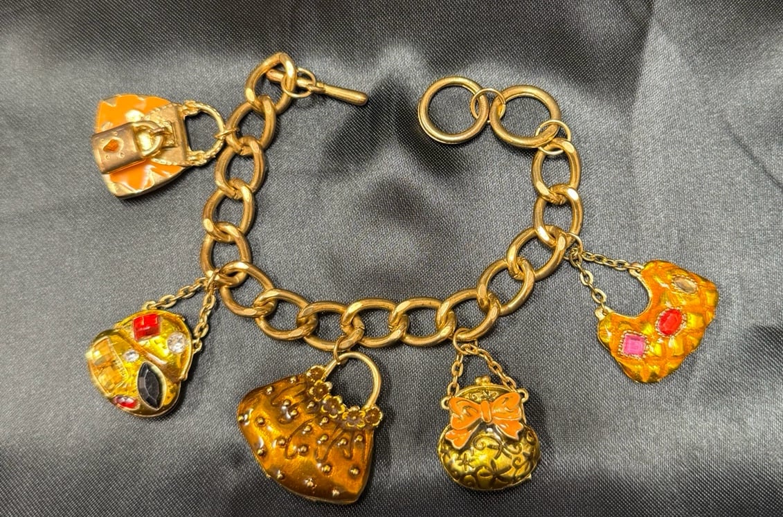 Colorful Purse Enamel Charms Dangling Gold Tone Chain Bracelet
