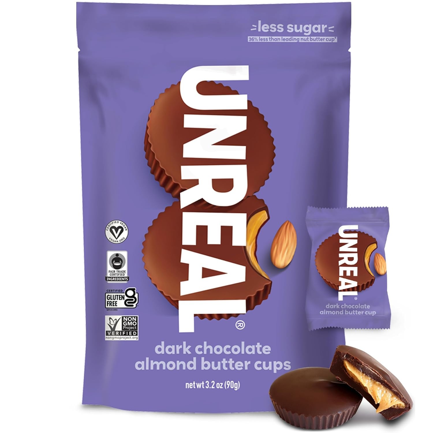 Unreal Dark Chocolate Almond Butter Cups Bag 3oz 6 Pack