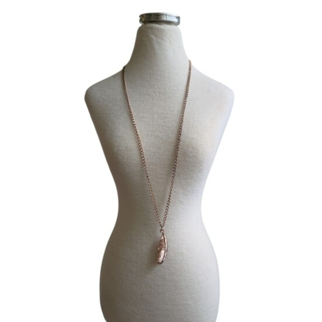 Rose Gold Toned Feather Pendant Long Necklace 23"