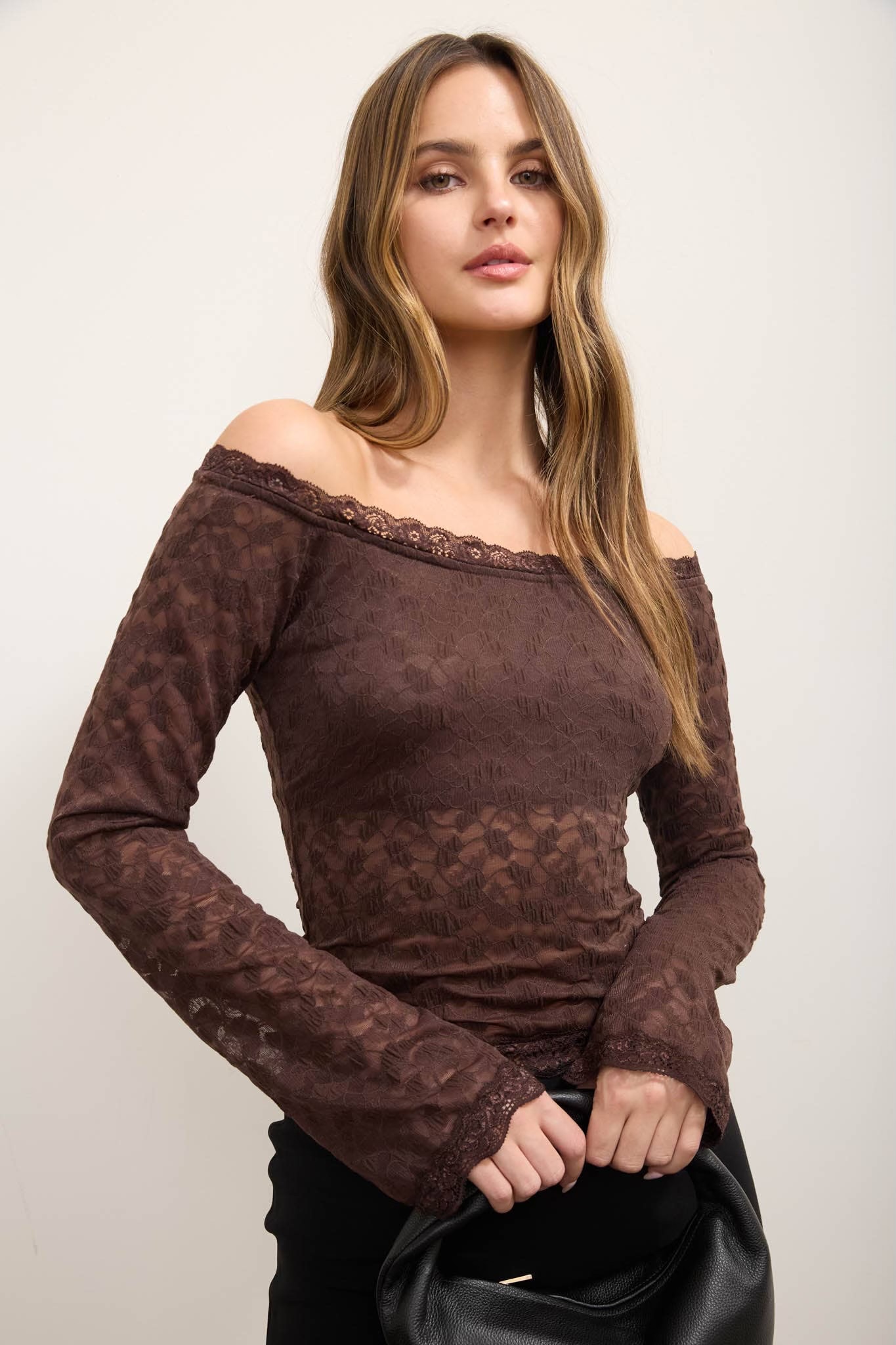 Lace Scalloped Off Shoulder Long Sleeve
