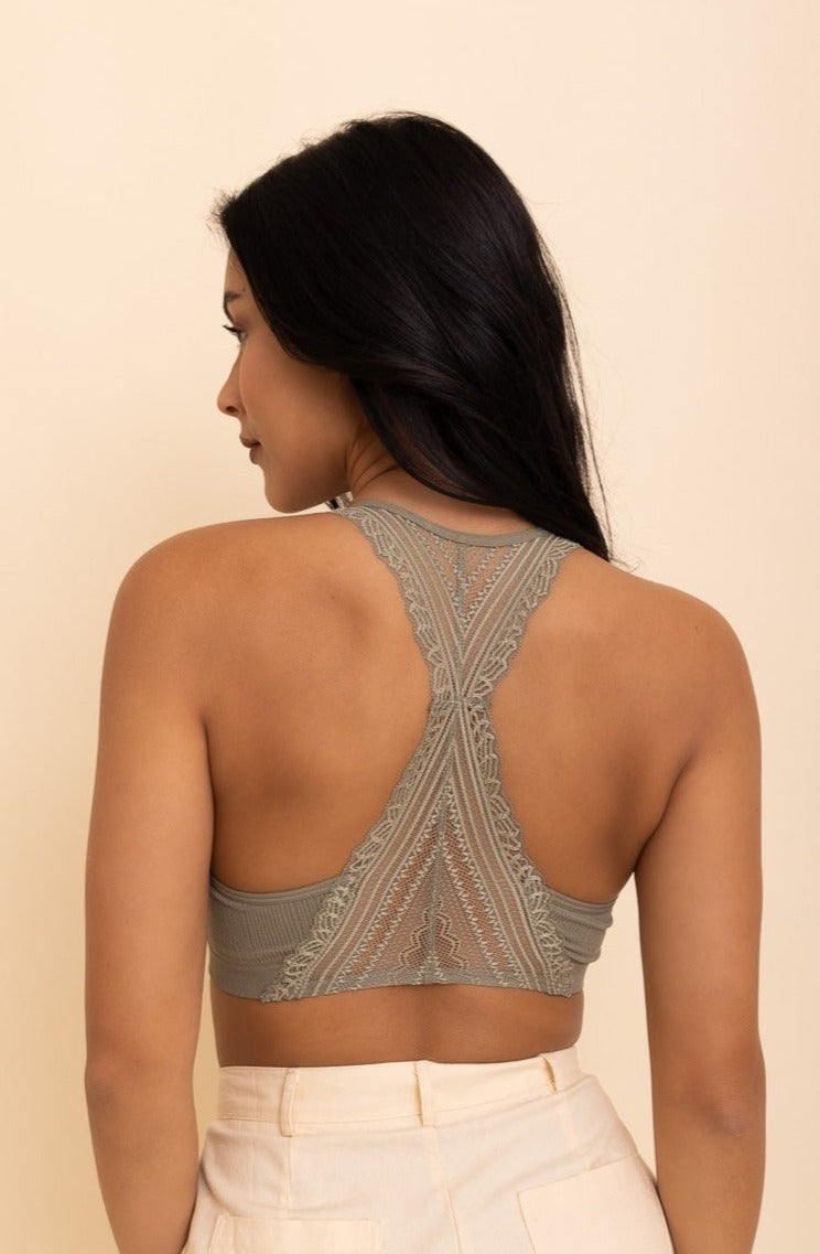 Lacey Racerback Seamless Bralette – Soft Wireless Lace Comfort in Large · M
