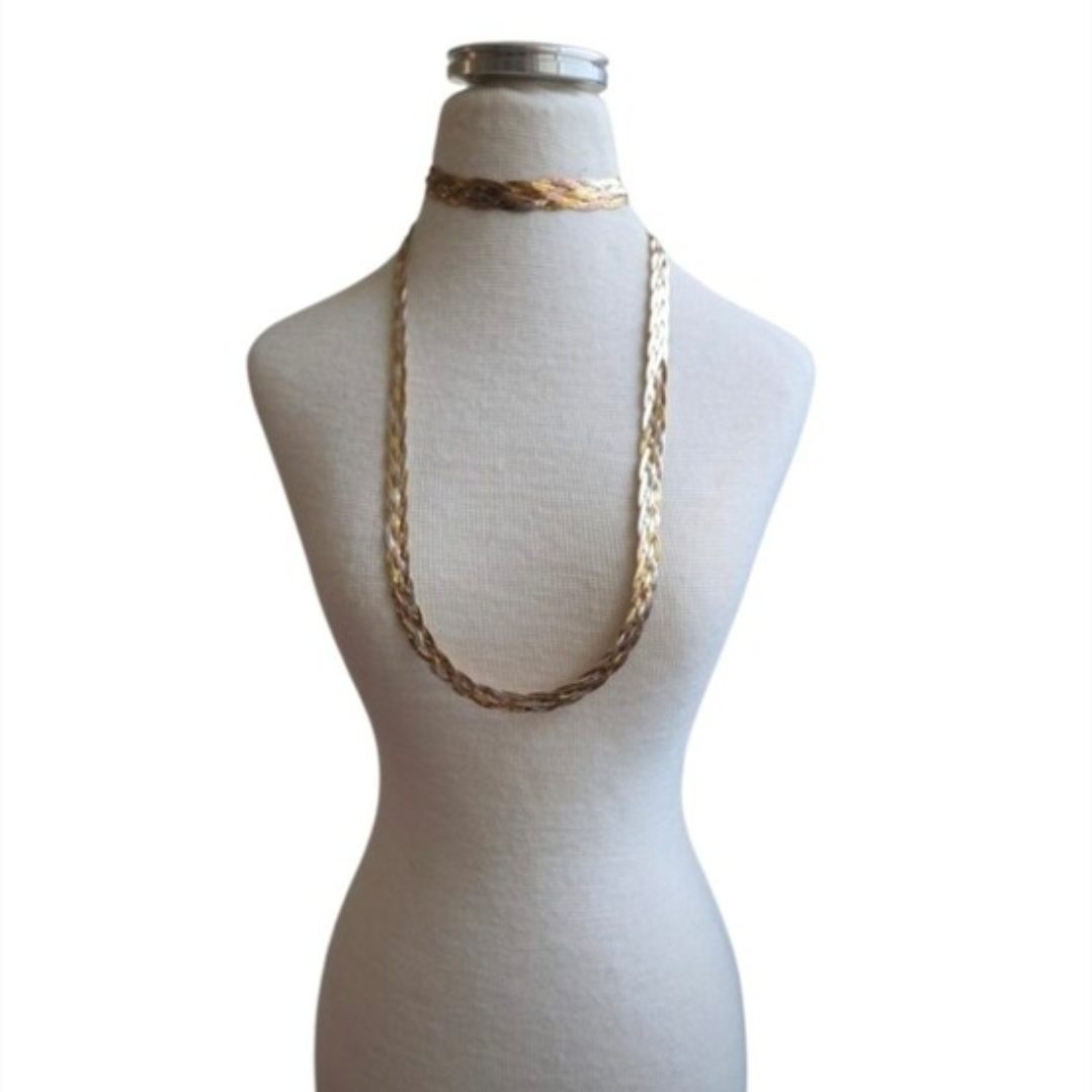 Vintage 14K Plated 925 Italy Tri-color Braided Herringbone Chain Bracelet Set