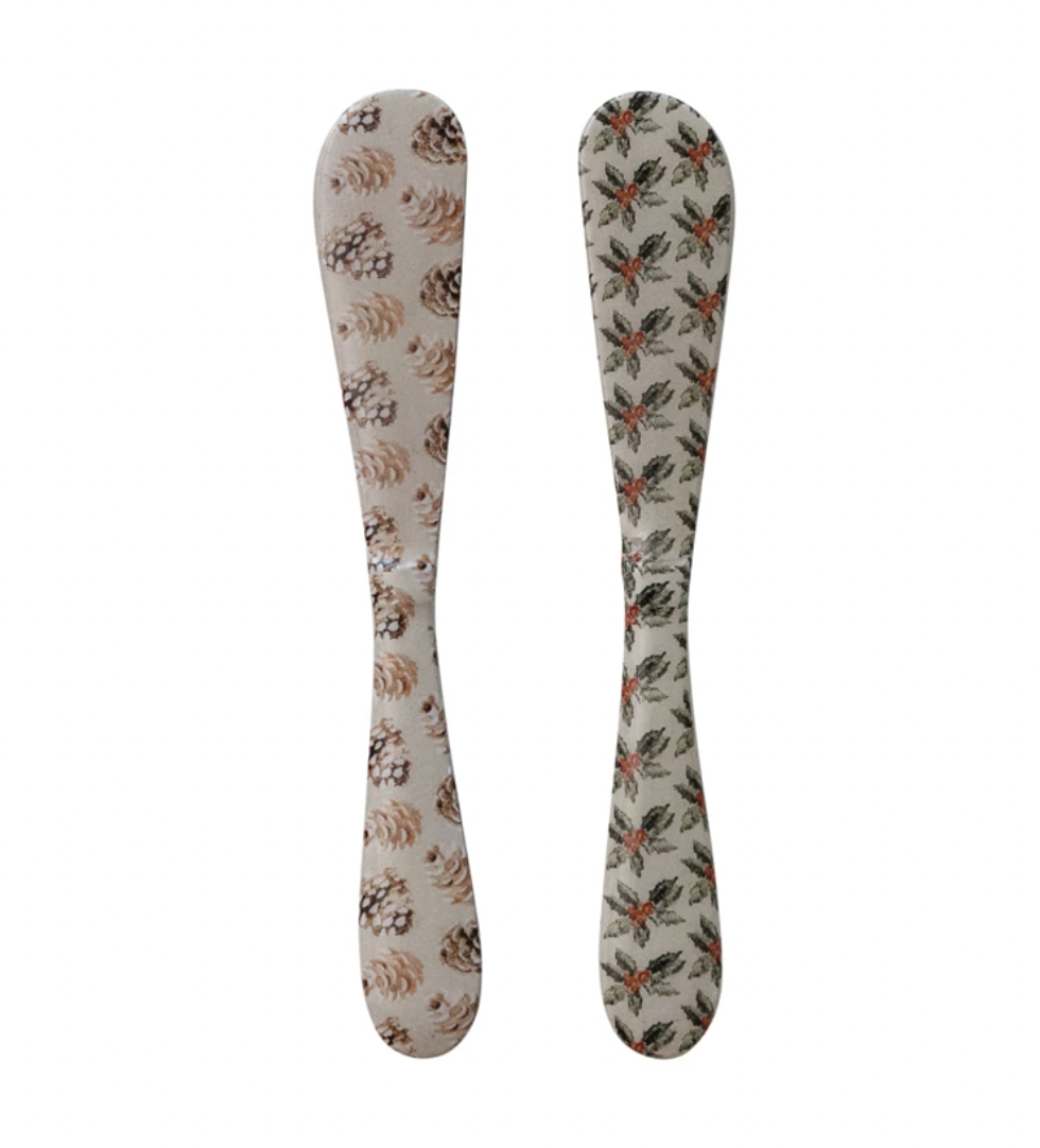 Enameled Stainless Steel Canape Knife w/ Pinecone/Holly Pattern, 2 Styles