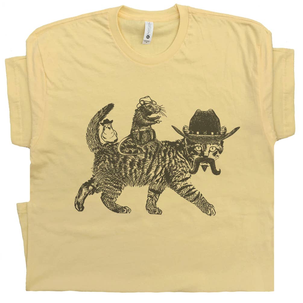 Shirtmandude Co - Cowboy Cat Shirt Weird Funny Cool Crazy Retro Graphic Tee: XL
