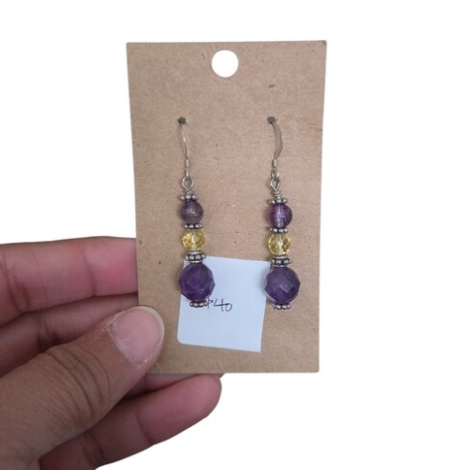 Silver Toned Handmade Purple & Yellow Bead Drop Earrings 2"