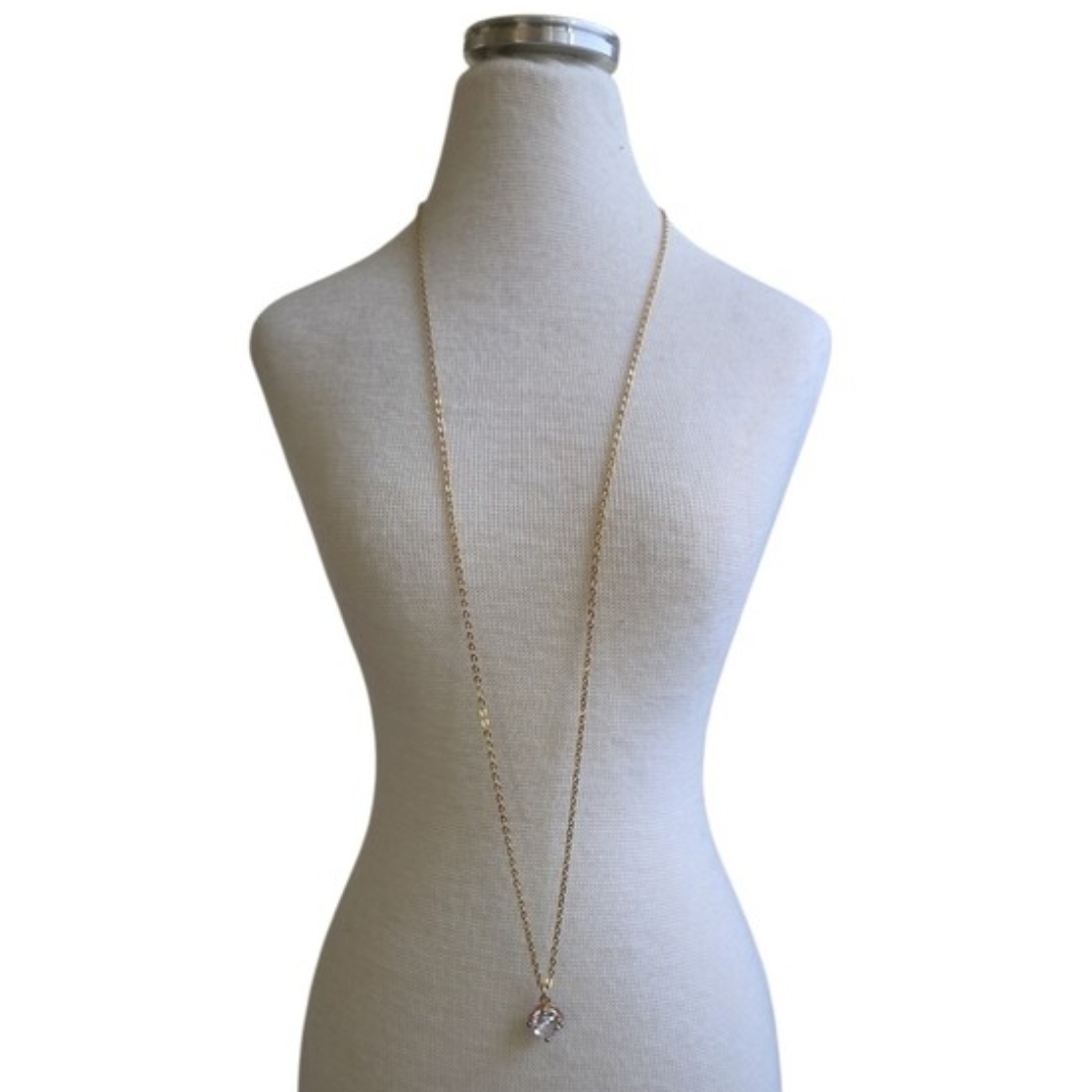 Vintage Gold Toned Long Pendant Necklace with Clear Crystal Charm 25"