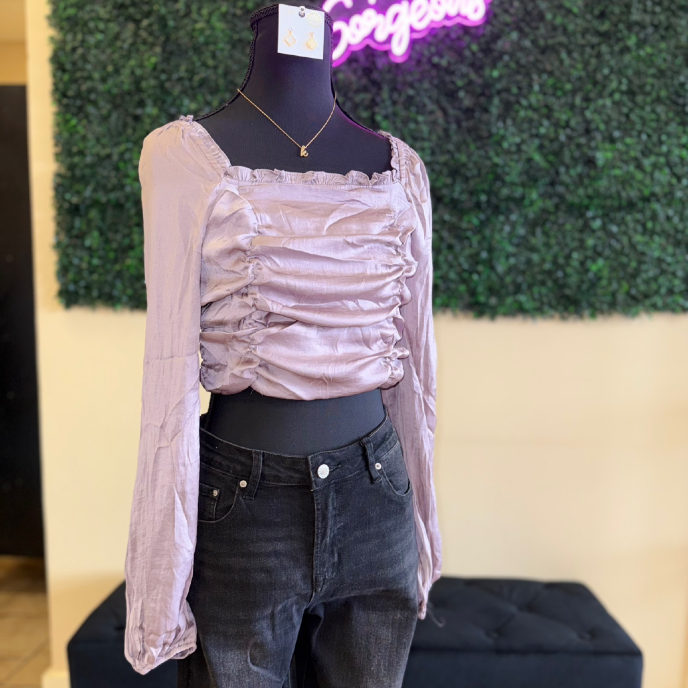 She+sky ruched top mauve — Bama Tan boutique, Tuscaloosa AL