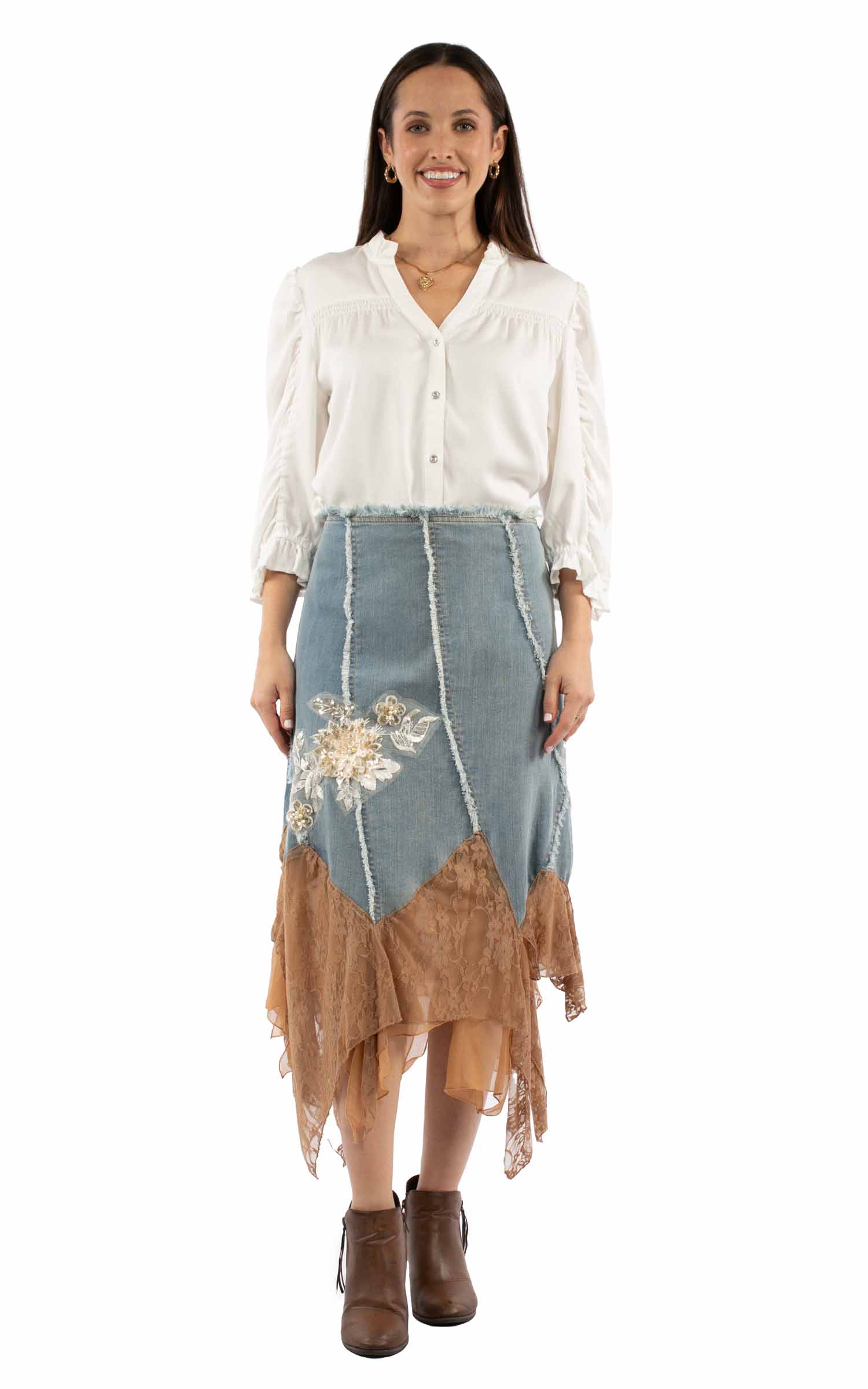Denim Skirt with lace and bead applique