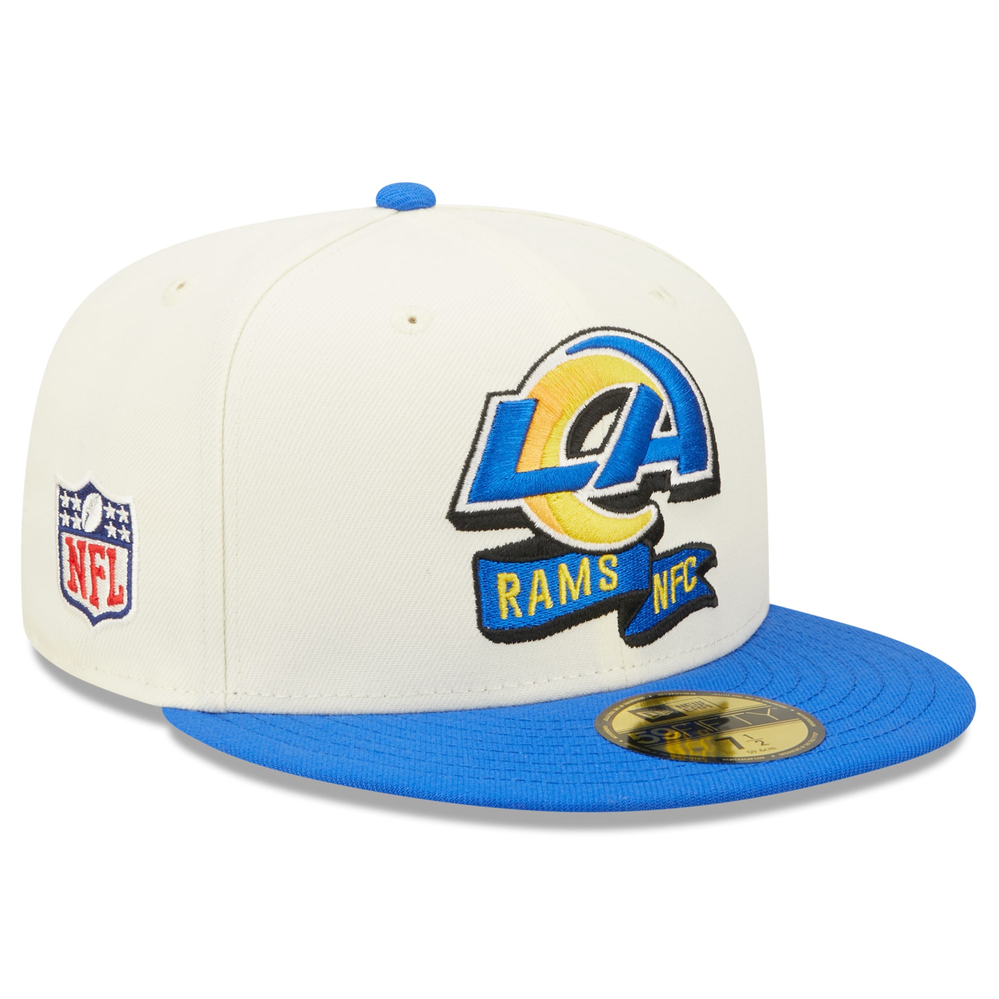 Los Angeles Rams 2022 59FIFTY Sideline Hat - Cream/Royal