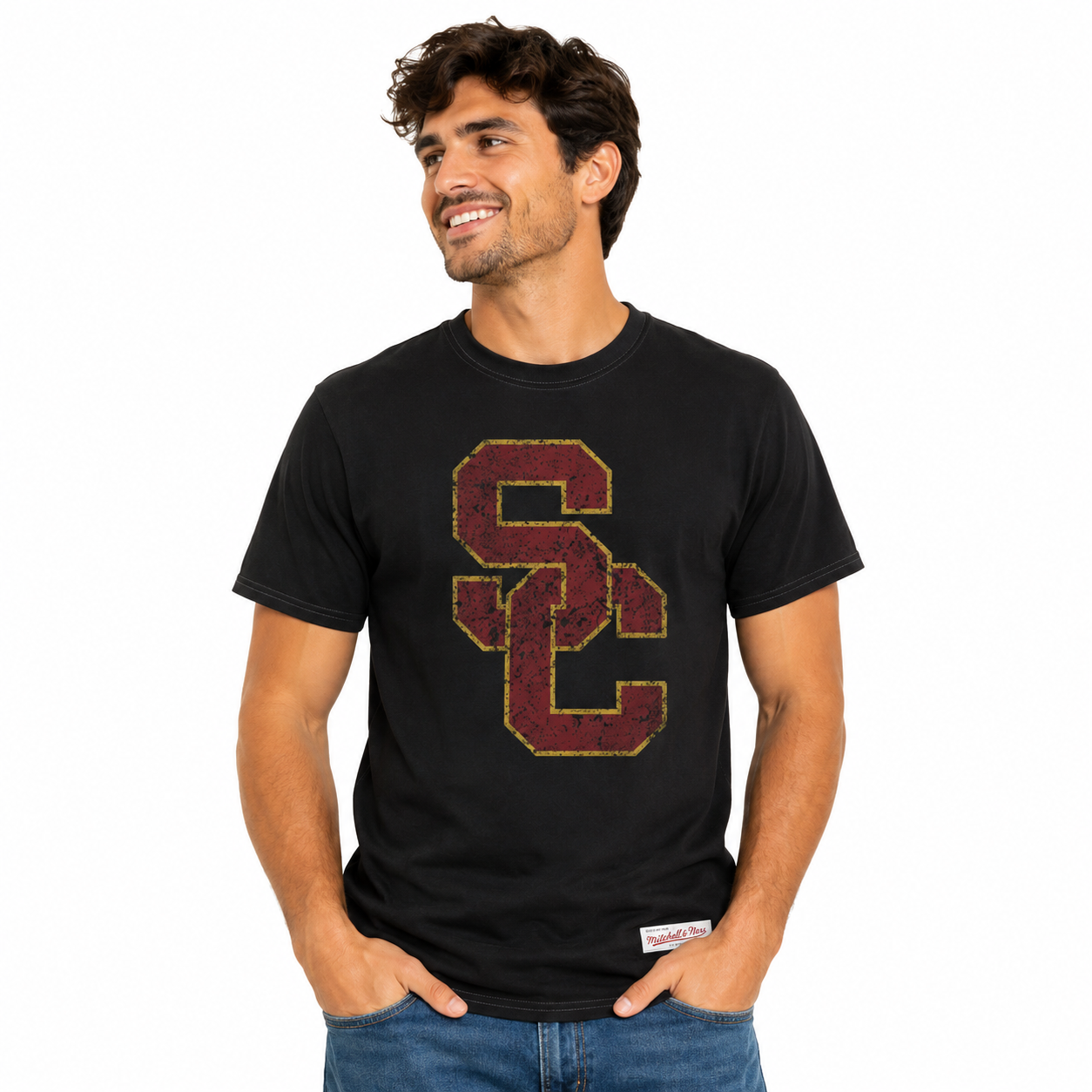 USC Trojans Black Distressed Mitchell and Ness Primary Logo Shirt