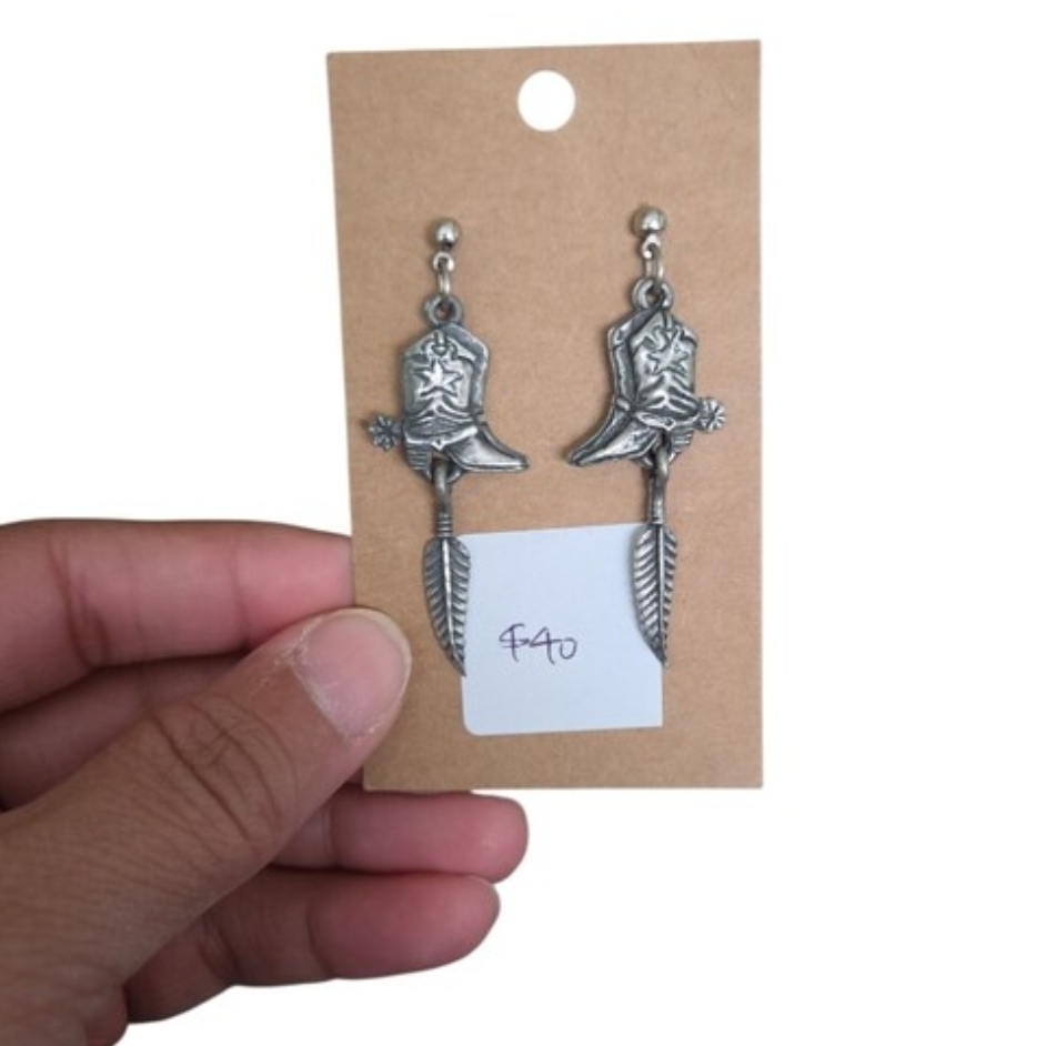 Vintage Silver Toned Cowboy Boot and Feather Drop Earrings