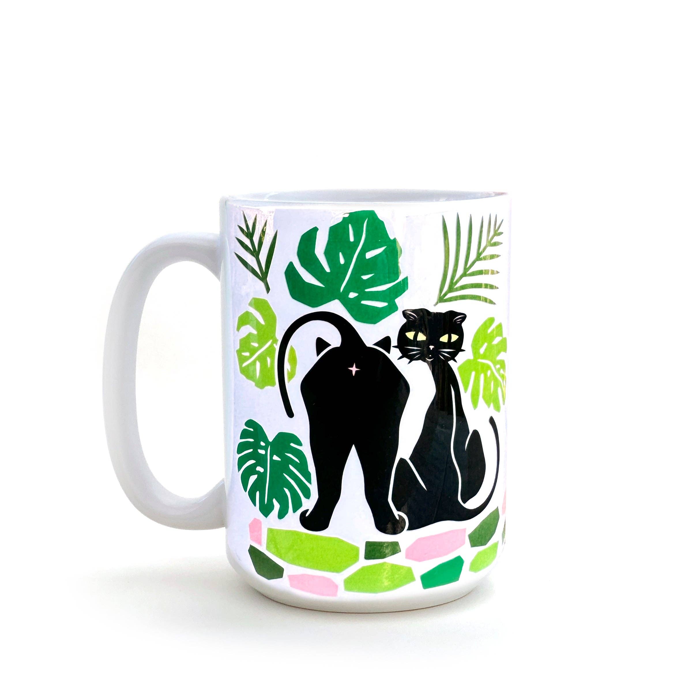 Cat and Monstera 15 Oz. Coffee Mug