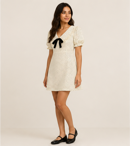 Polka Dot Collared Velvet Tie Mini Dress
