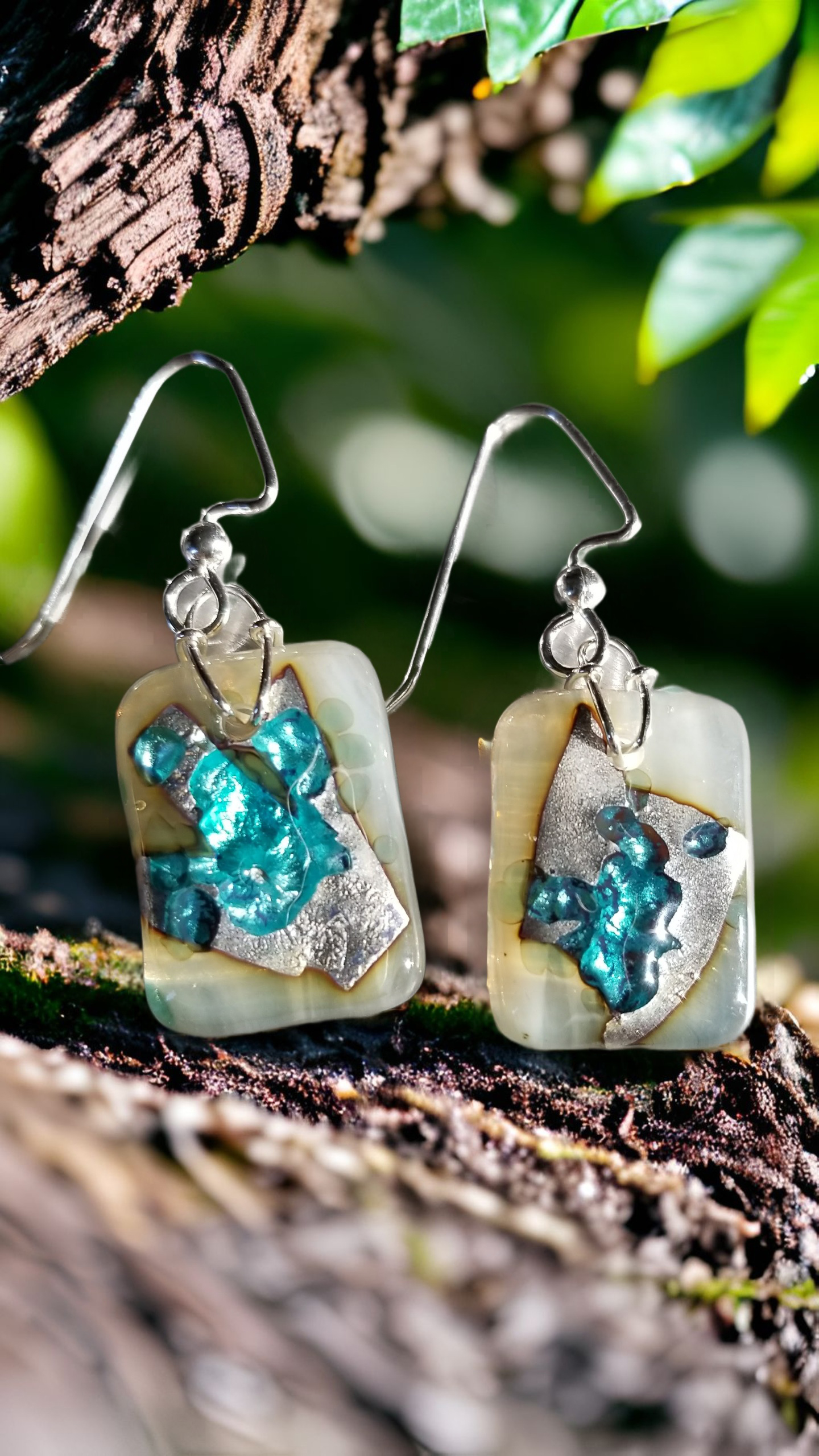 Kiln Fired Blue Brown Silver Earrings by Moss Creek Art
