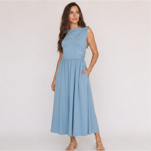 One Shoulder Maxi Dress with Pockets Pleated Skirt