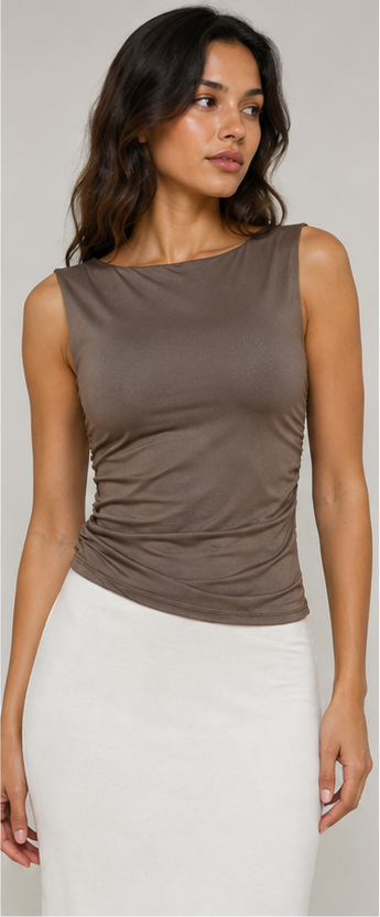 Boat Neck Sleeveless Ruched Detail Seamless Knit Top