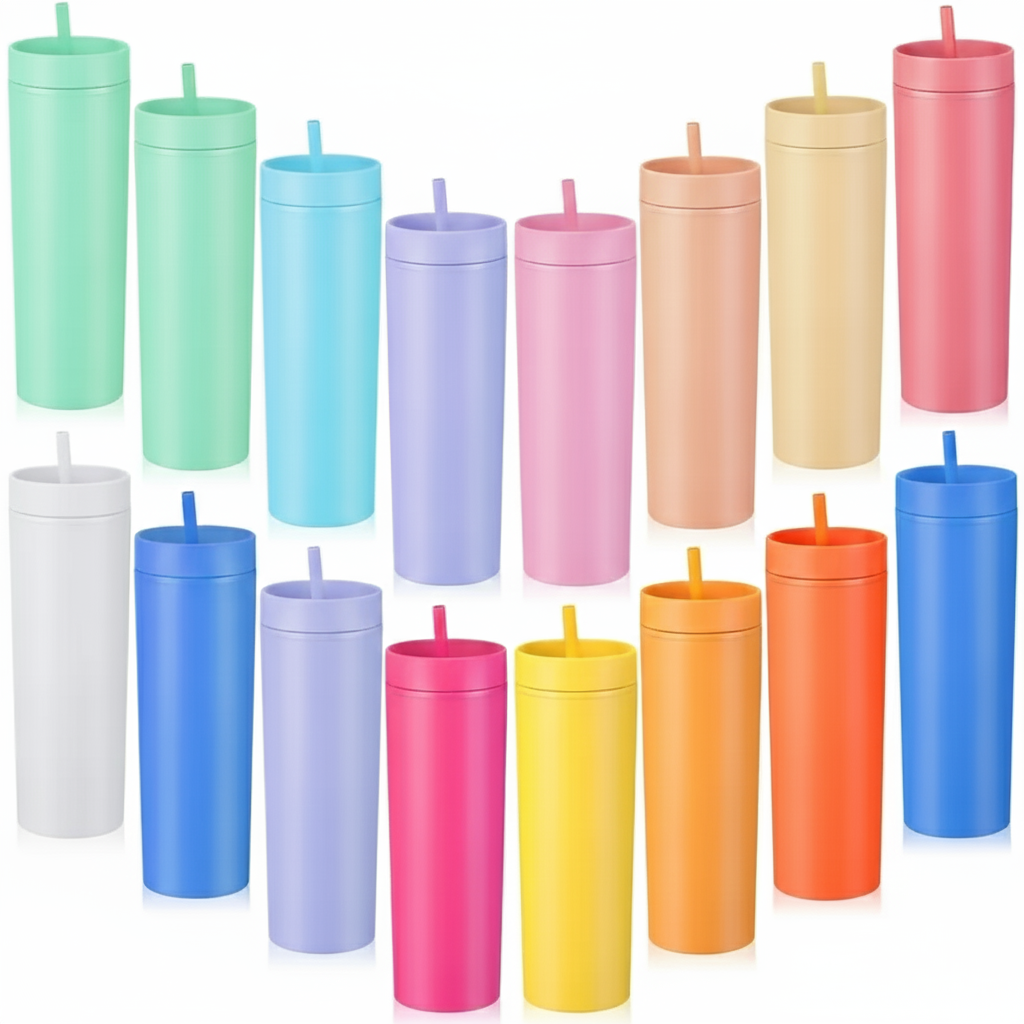 16oz Double Wall Skinny Tumbler w/ 5 Stickers (Assorted Colors)