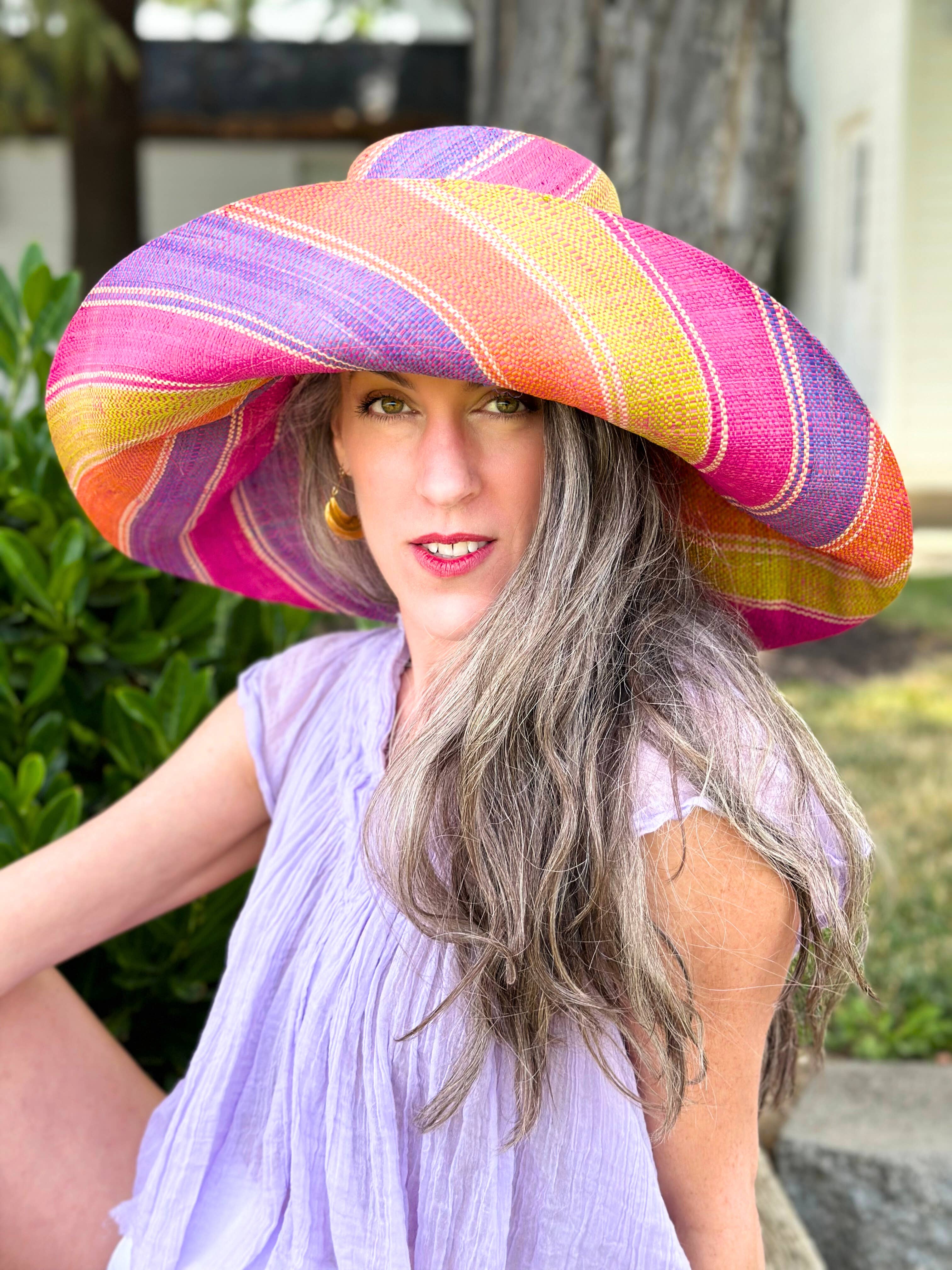 5" & 7" Wide Brim Multicolor Stripe Packable Straw Sun Hats