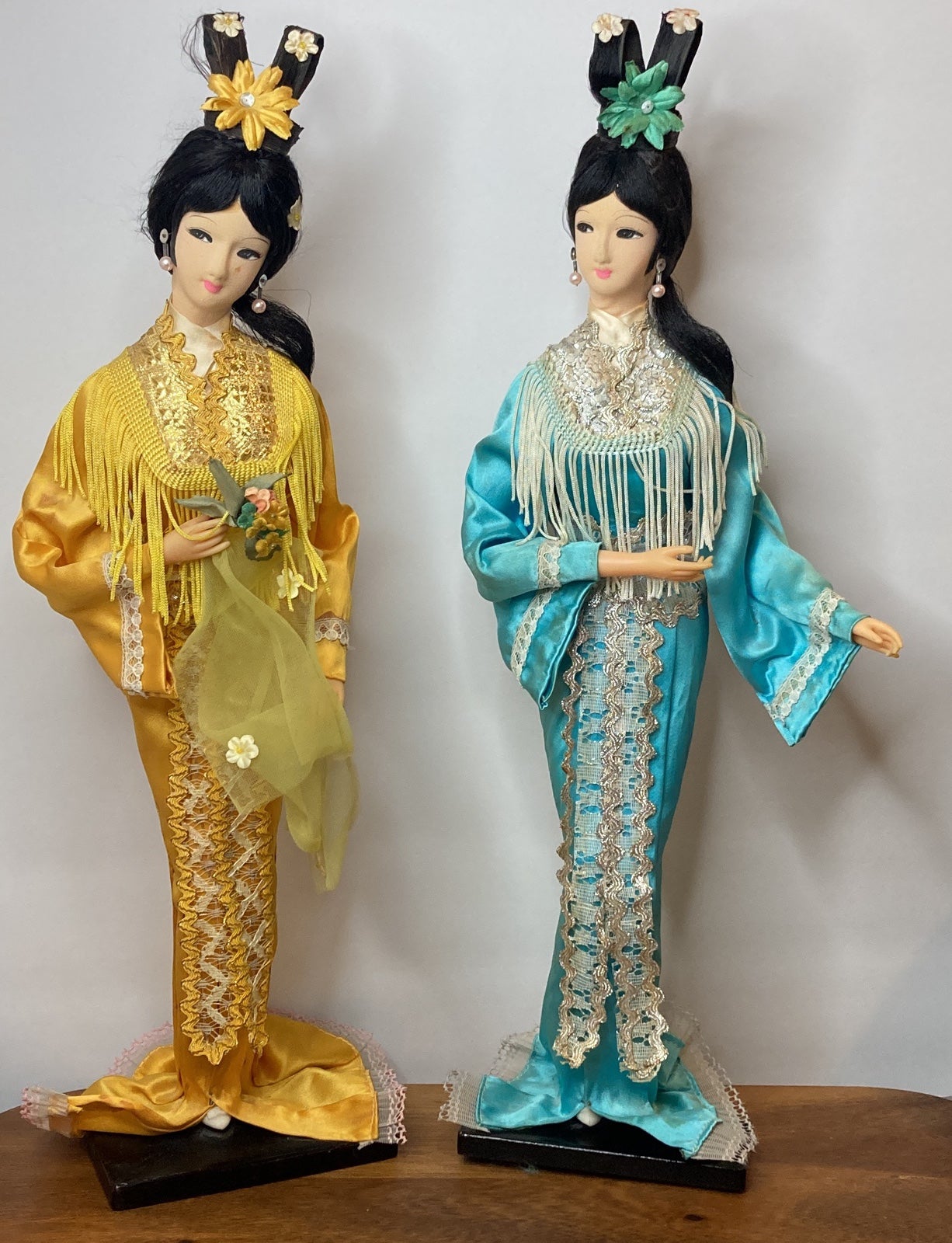 Vintage Asian Geisha Dolls Figurines 2 Collectable 18" on Wood Base