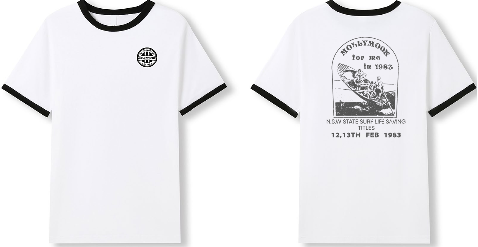 Front and back views of the white collector-series T-shirt with black trim, club badge on the chest and 1983 graphic on the back.