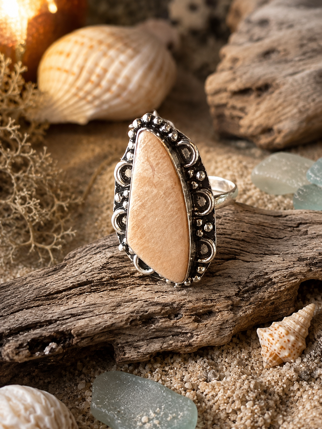 Cream Freeform Stone Ring - Size 10