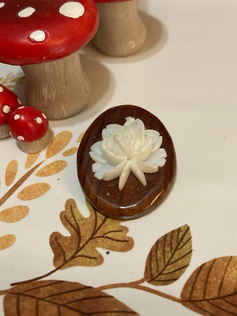 Mid-Century Celluloid Floral Raised Wooden Teak Wood Brooch White Rose Flower