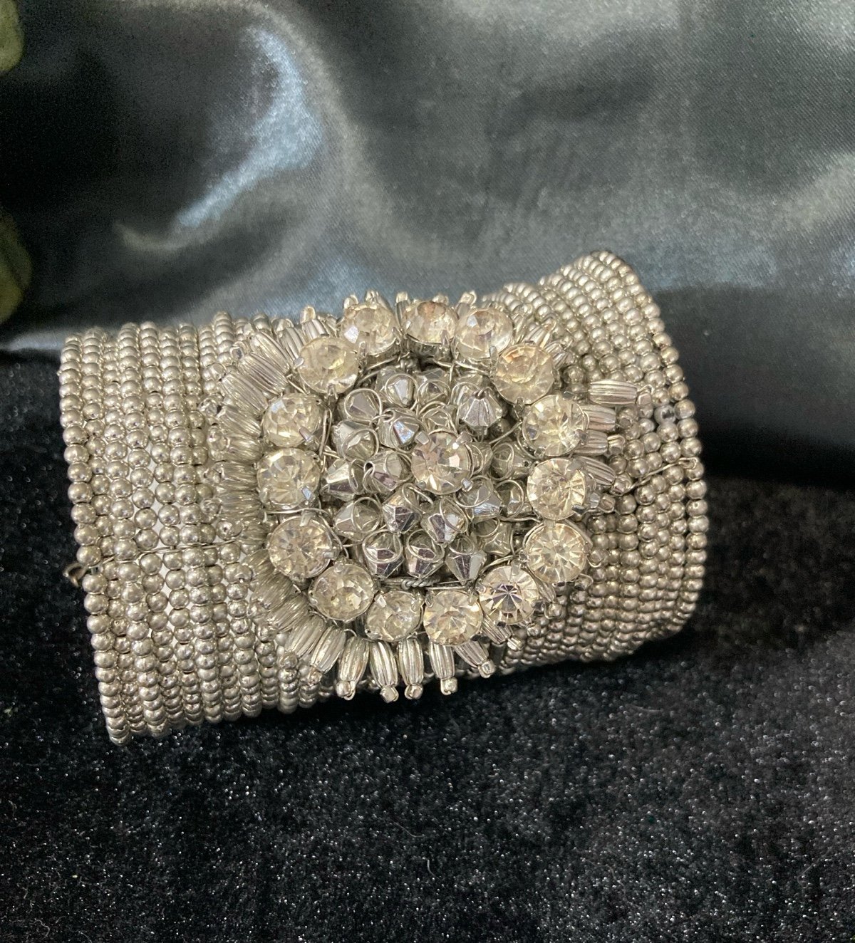 Statement Bangle Cuff With Rhinestones Adjustable Silver Tone H.3.5" Wired Beads