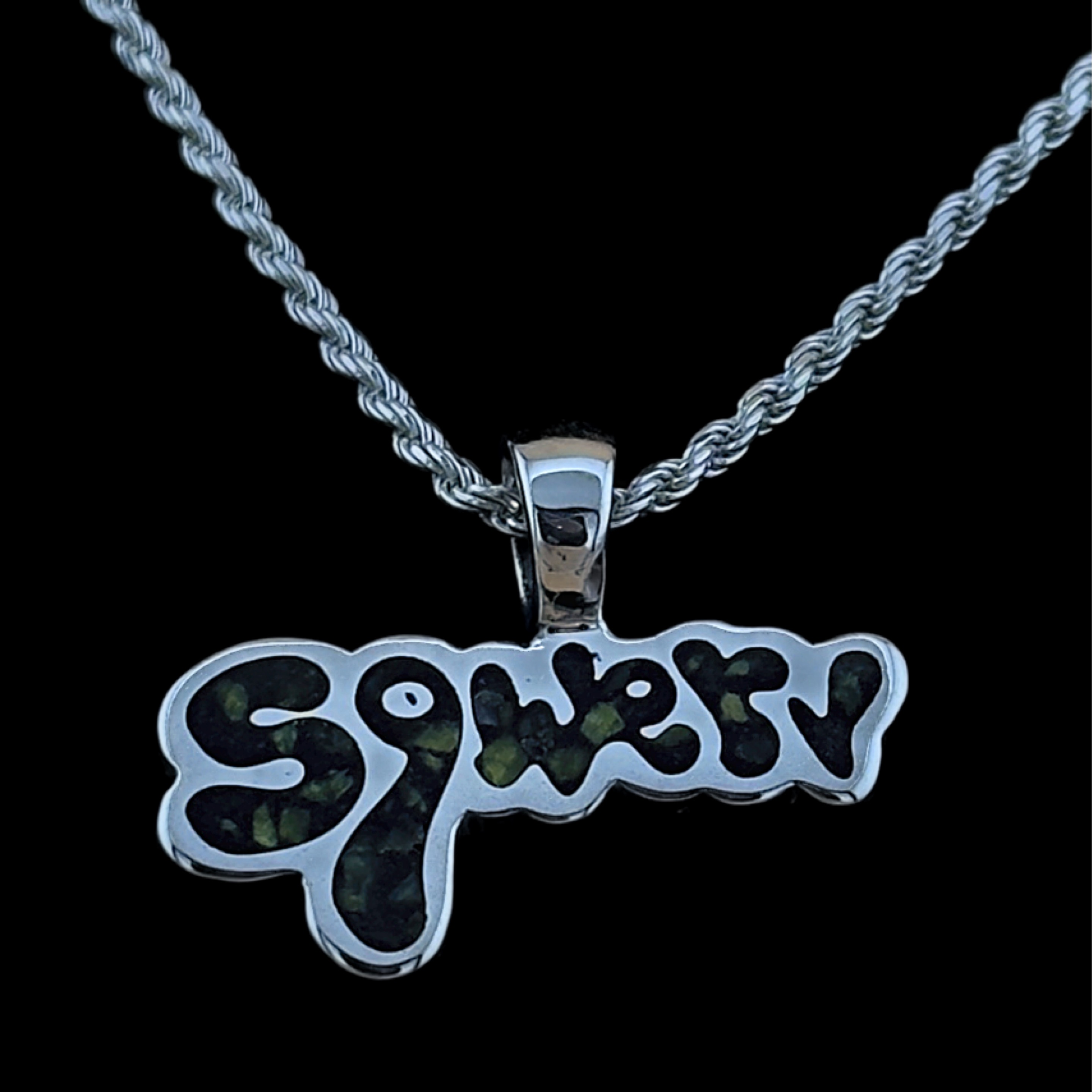Sqwerv Logo Pendant – Black Tourmaline & Crushed Natural Green Opal Inlay, 925 Sterling Silver