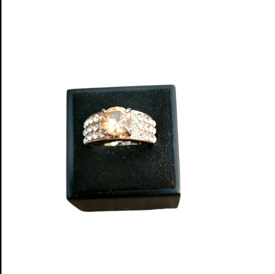 Size 7 Gold Toned Light Brown Round Cut Pave Ring