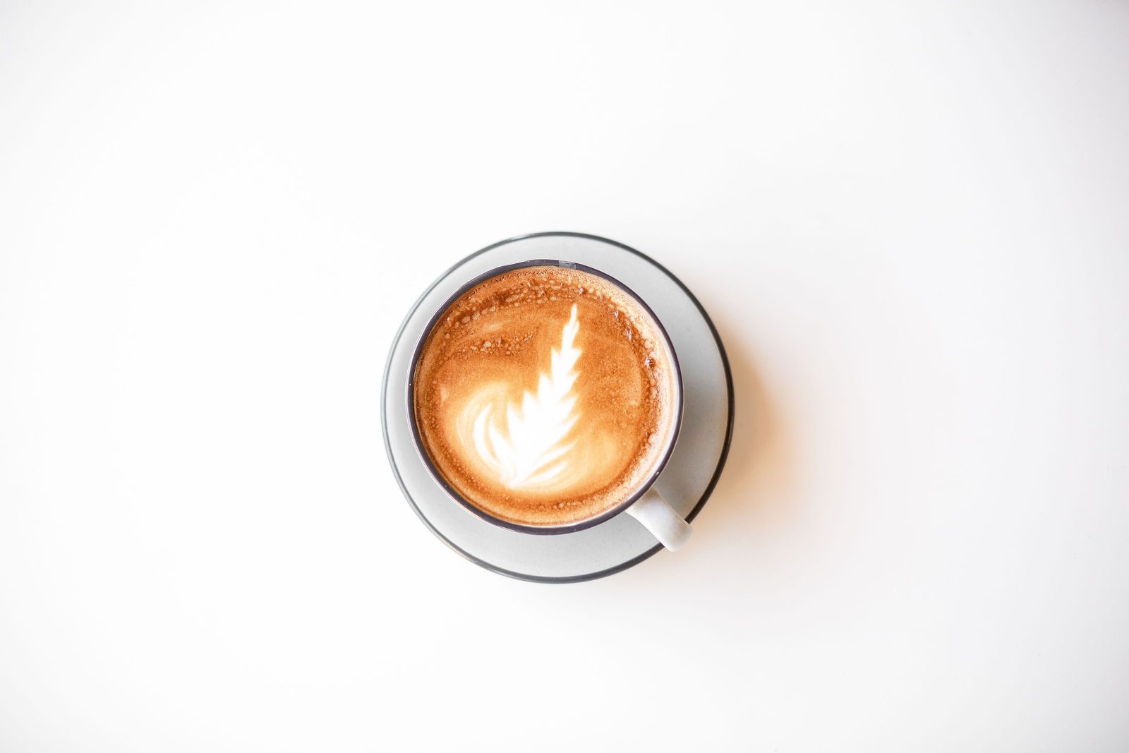 Latte with rosetta foam art in a grey cup and saucer, seen from above