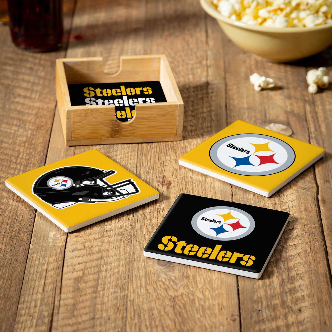 Pittsburgh Steelers 4 Piece Coaster Set with Wood Caddy