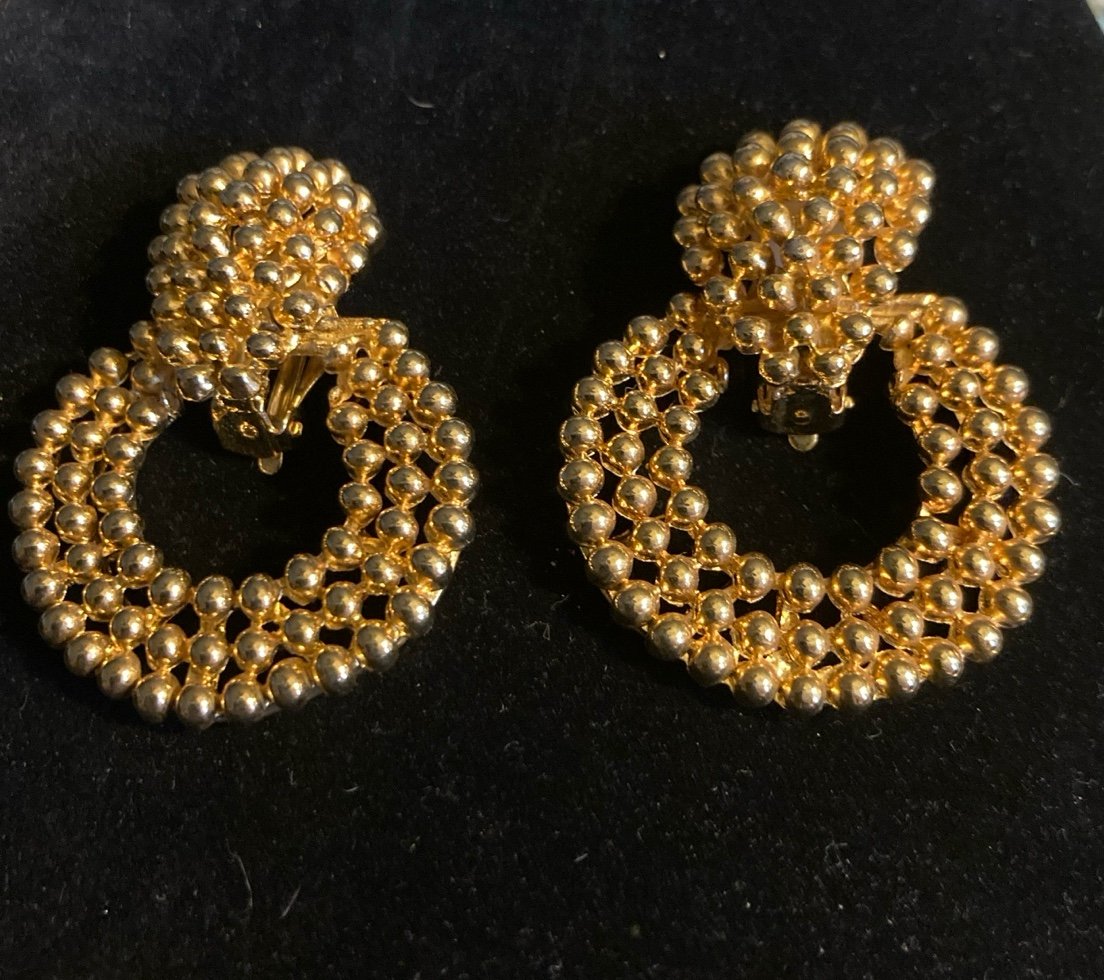 Vintage Gold Plated Beaded Door Knocker Clip Statement Earrings