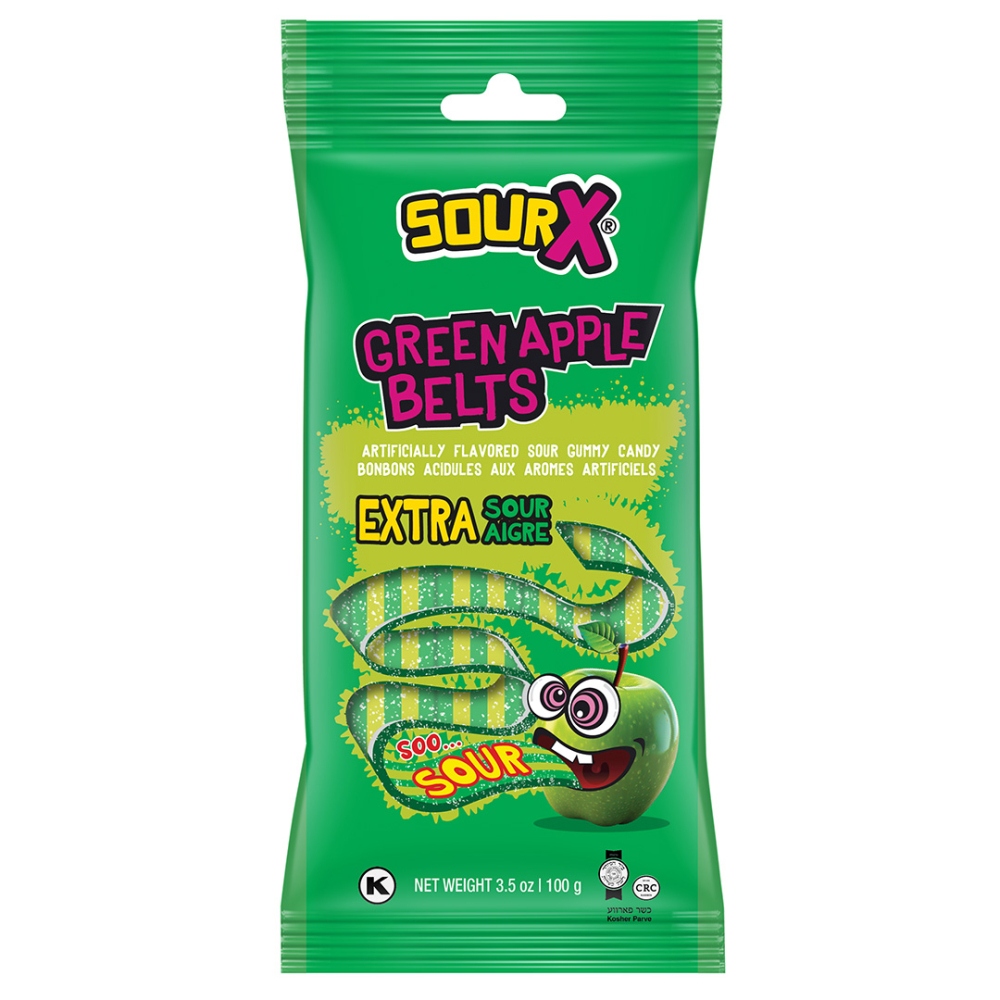 SourX GummyGreen Apple Belts 3.5oz 12 ct Kosher Parve